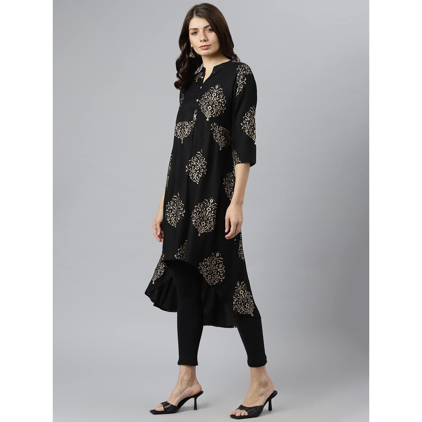 Gosriki Women's Rayon A-Line Printed Kurta (Zayoki Black_2Xl-Go_Black_Xx-Large)