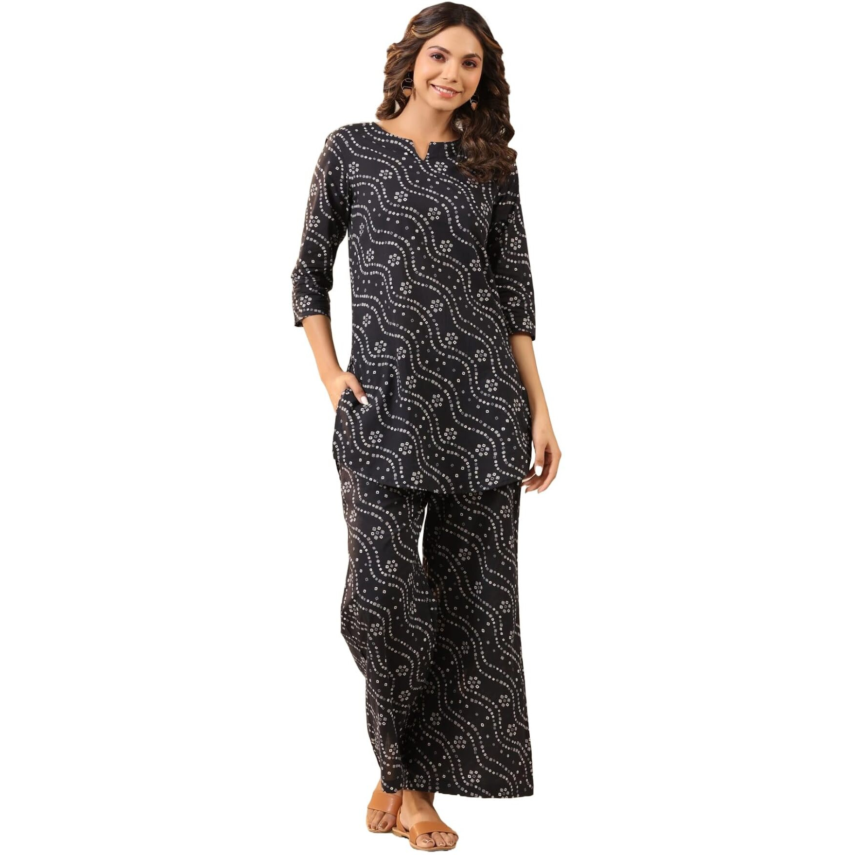 Gosriki Women's Rayon Blend Straight Bandhej Printed Kurta With Pant (Nesta Blue-Gs_L_Blue_Large)
