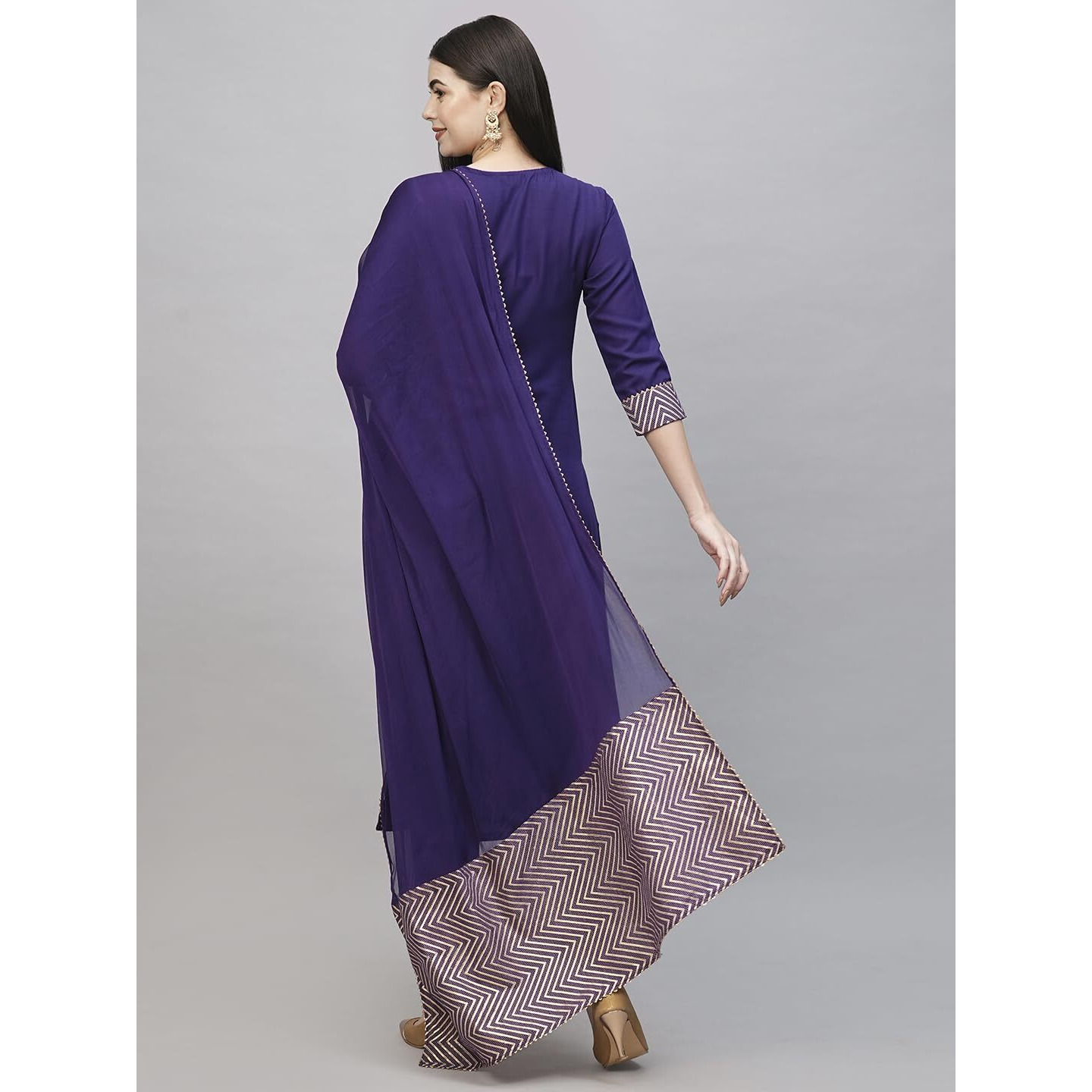 Gosriki Women's Cotton Blend Straight Printed Kurta With Pant & Dupatta (Kiku Begani-Gs_S_Purple_Small)