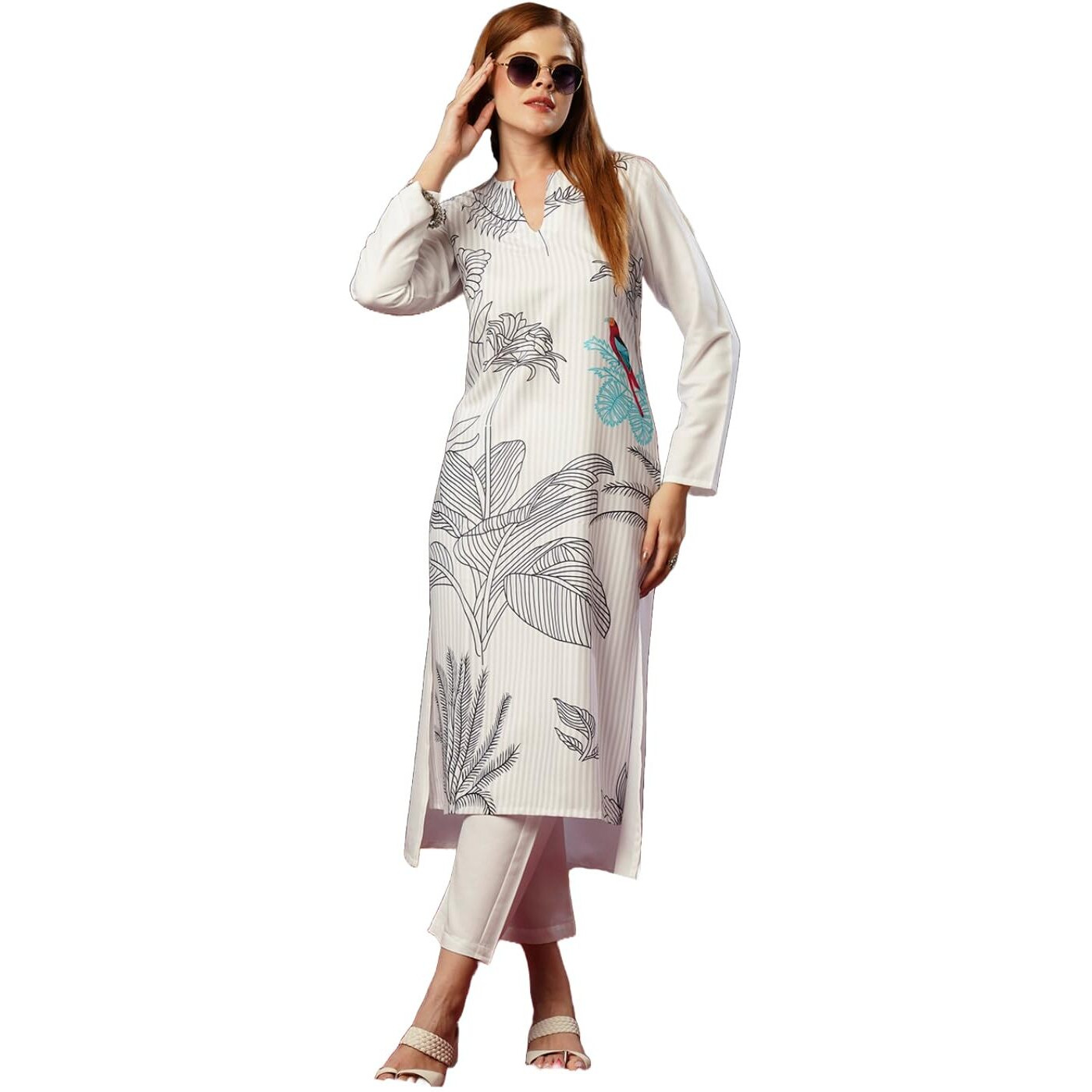 Gosriki Women's Cotton Blend Straight Printed Kurta With Pant (Nabhita White-Jl-Gs_M_White_Medium)