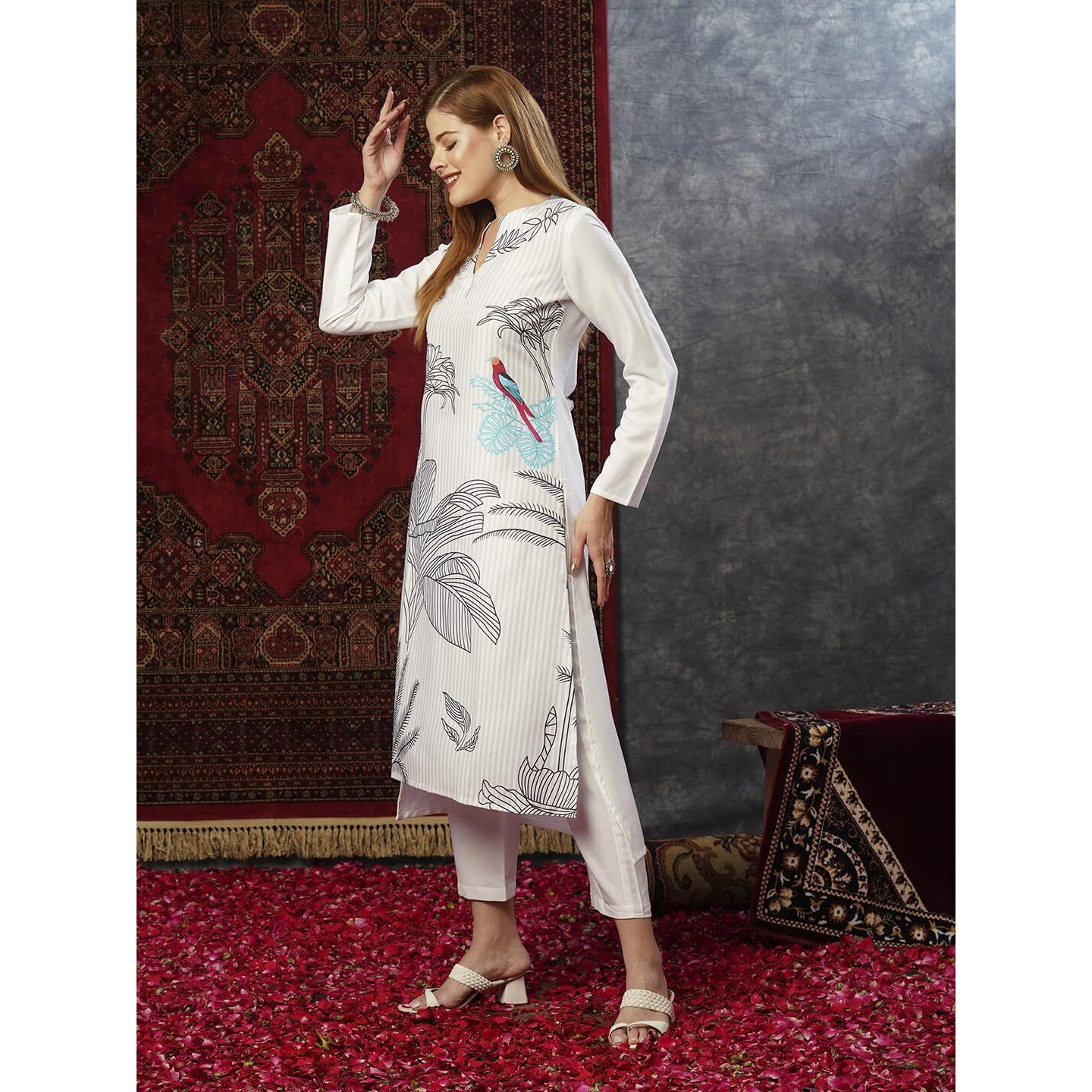 Gosriki Women's Cotton Blend Straight Printed Kurta With Pant (Nabhita White-Jl-Gs_M_White_Medium)