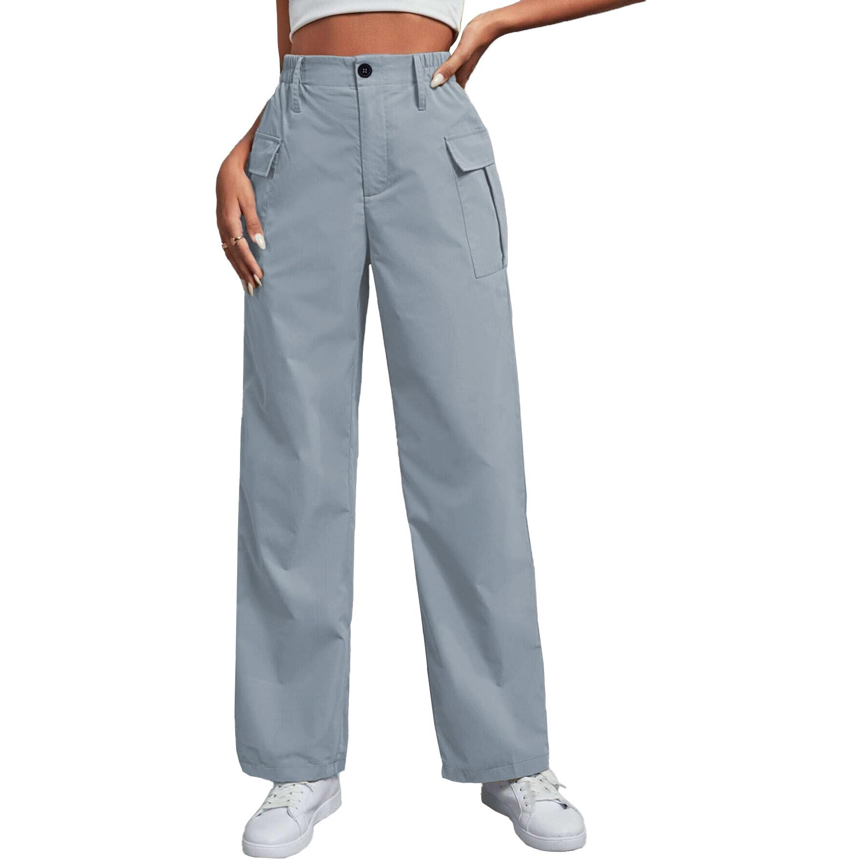 Toplot Cotton Solid Multi-Pocket Cargo Pant For Women (Wide-Leg-Cargo-5195-Silver-34)