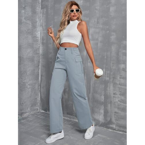 Toplot Cotton Solid Multi-Pocket Cargo Pant For Women (Wide-Leg-Cargo-5195-Silver-34)