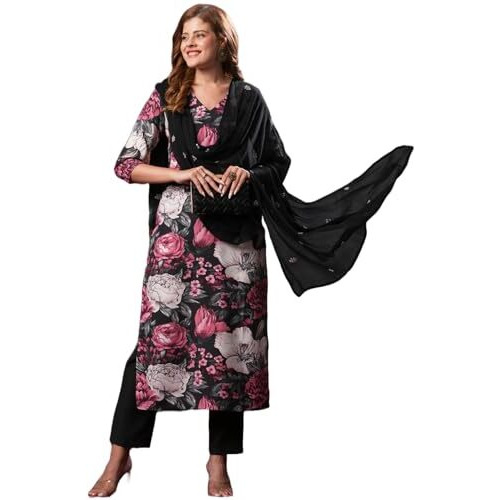 Gosriki Women's Rayon Blend Straight Printed Kurta With Pant & Dupatta (Poona Black-Vks01-Gs_S_Black_Small)