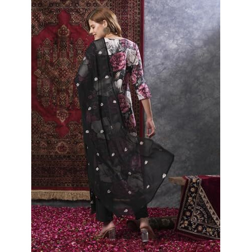Gosriki Women's Rayon Blend Straight Printed Kurta With Pant & Dupatta (Poona Black-Vks01-Gs_S_Black_Small)