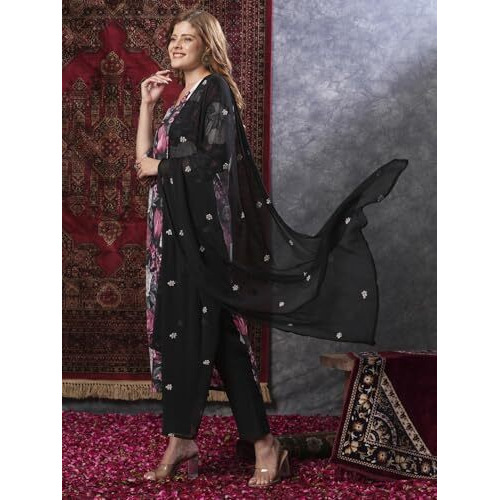 Gosriki Women's Rayon Blend Straight Printed Kurta With Pant & Dupatta (Poona Black-Vks01-Gs_S_Black_Small)
