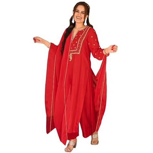 Gosriki Women's Rayon Blend Straight Embroidered Kurta With Pant & Dupatta (Simmu Red-Gs_S_Red_Small)