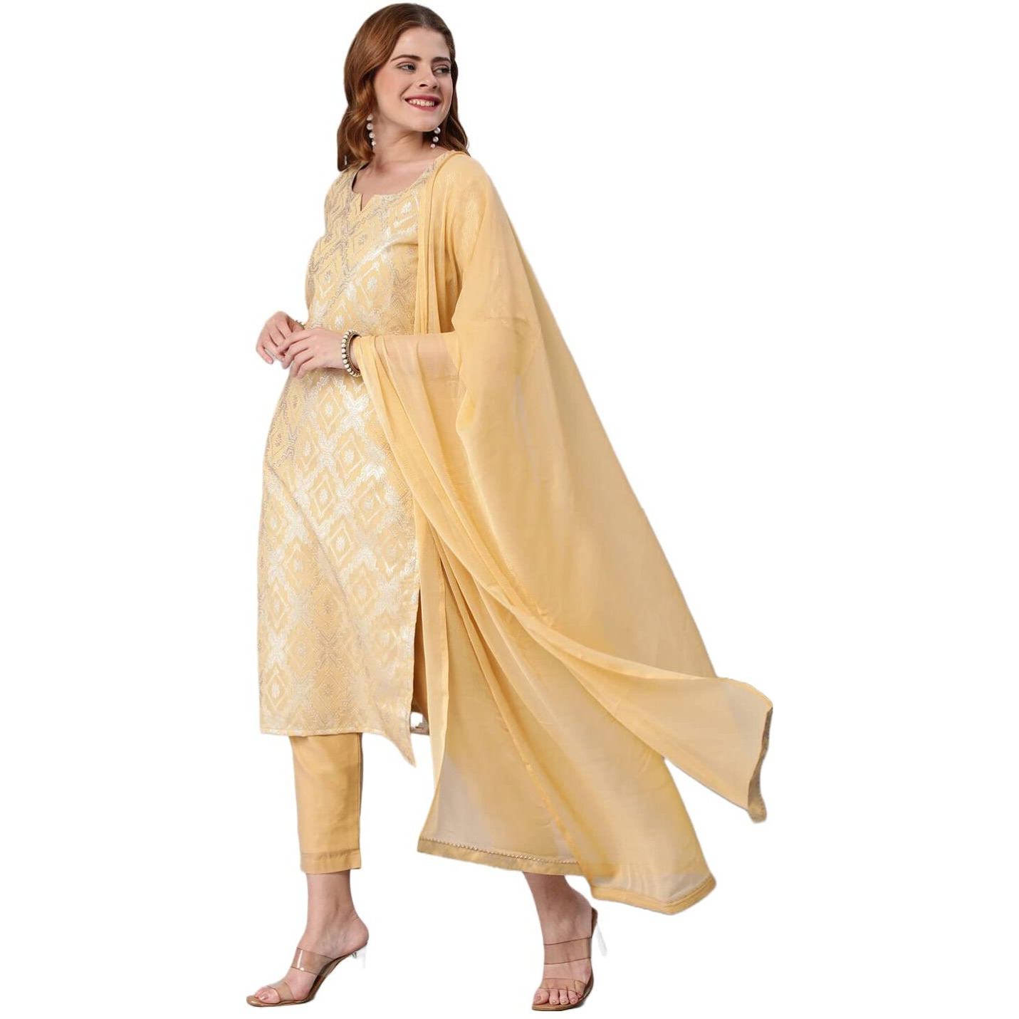 Gosriki Women's Banarasi Woven Straight Embellished Printed Kurta With Pant & Dupatta (Kabzaa-Peach-Gs_Xxl_Peach_Xx-Large)