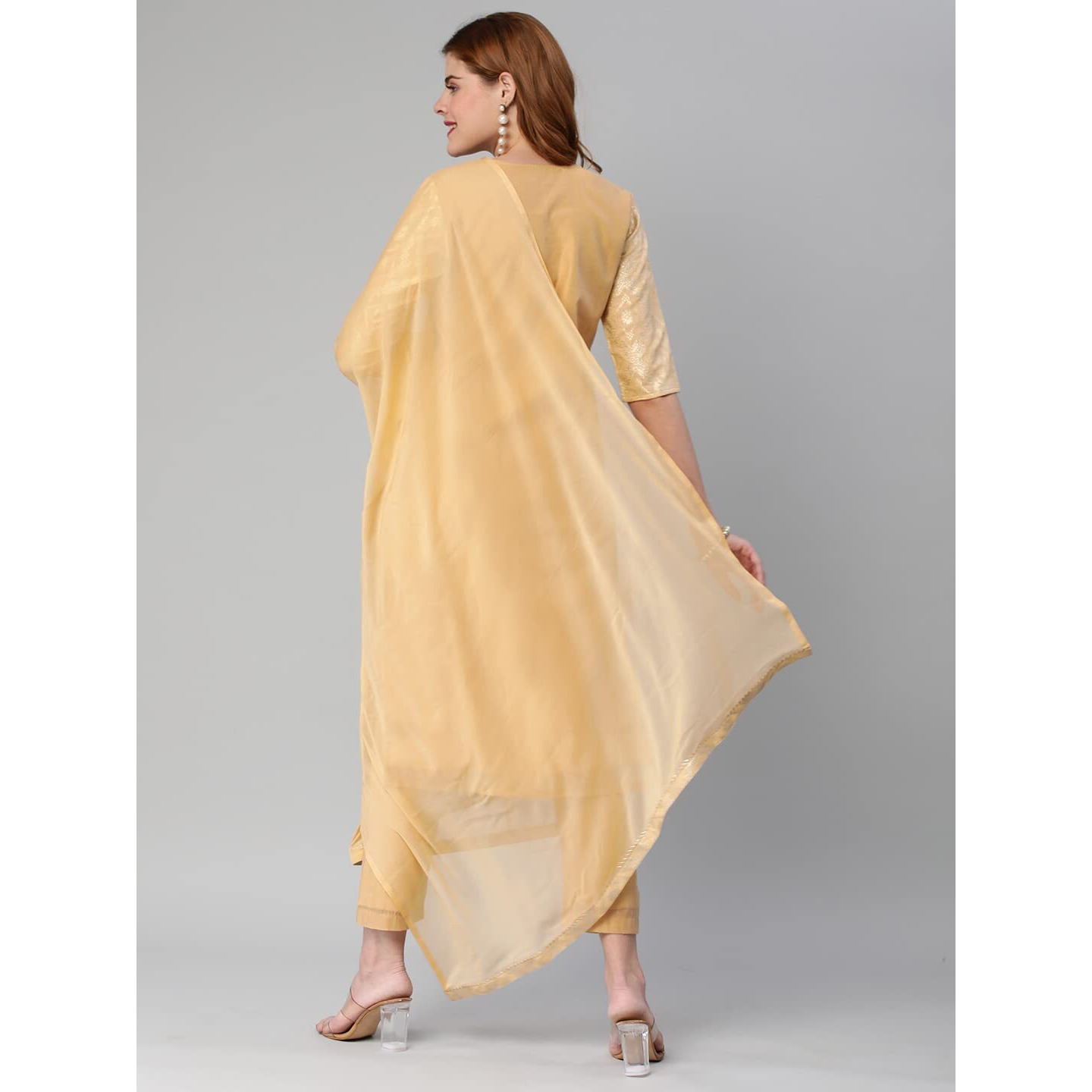 Gosriki Women's Banarasi Woven Straight Embellished Printed Kurta With Pant & Dupatta (Kabzaa-Peach-Gs_Xxl_Peach_Xx-Large)