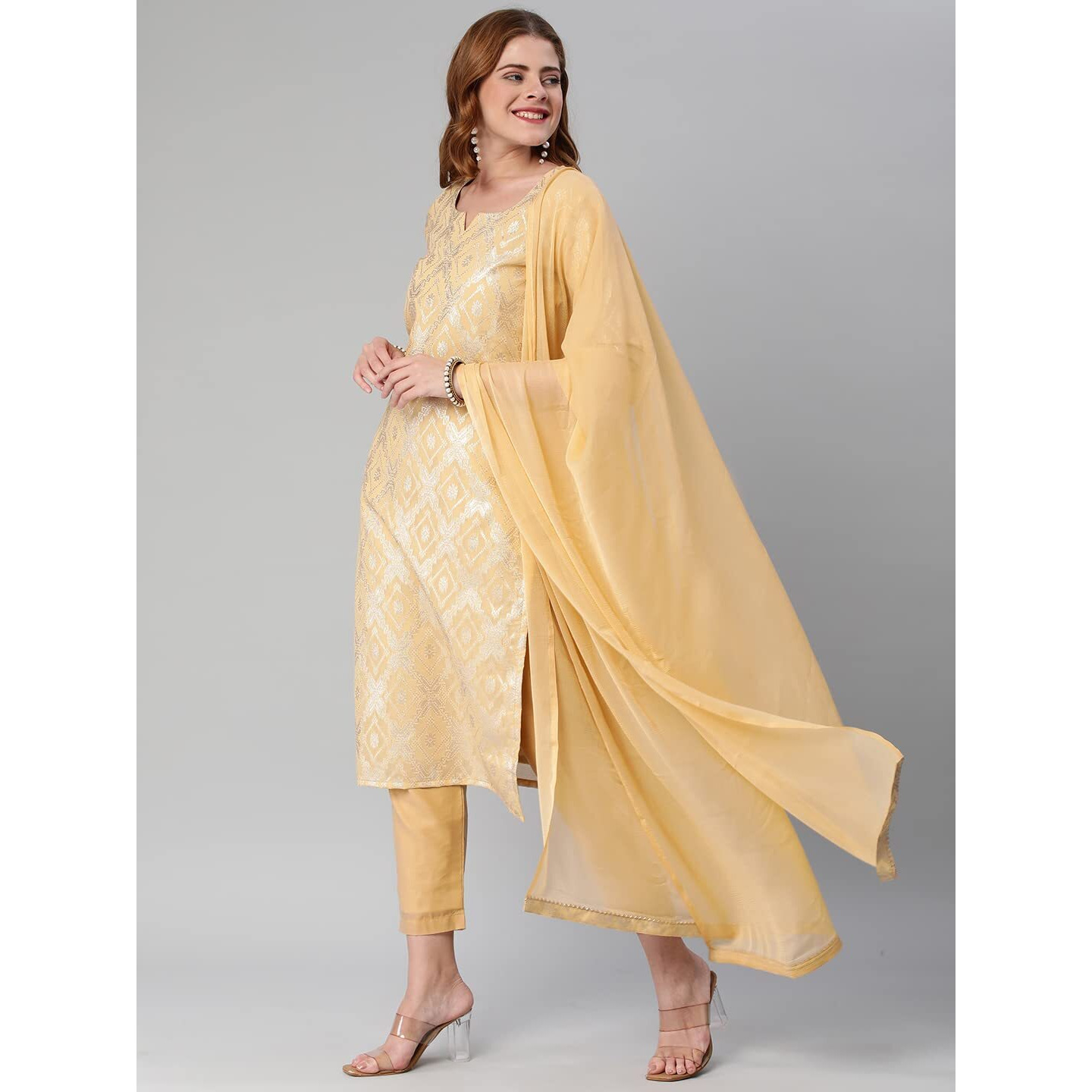 Gosriki Women's Banarasi Woven Straight Embellished Printed Kurta With Pant & Dupatta (Kabzaa-Peach-Gs_Xxl_Peach_Xx-Large)