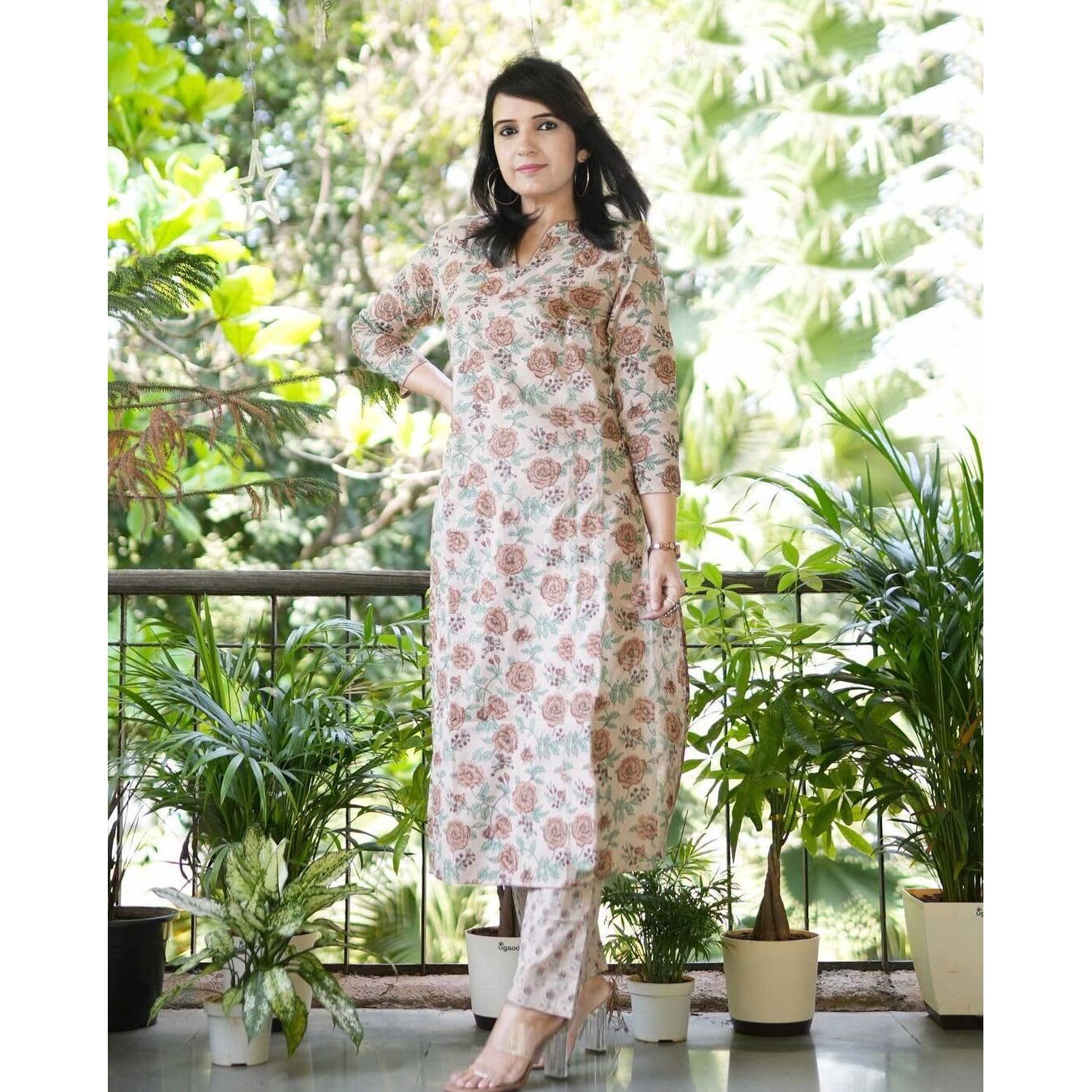 Gosriki Women's Cotton Blend Straight Printed Kurta With Pant (Wide Cream-Gs_L_Cream_Large)