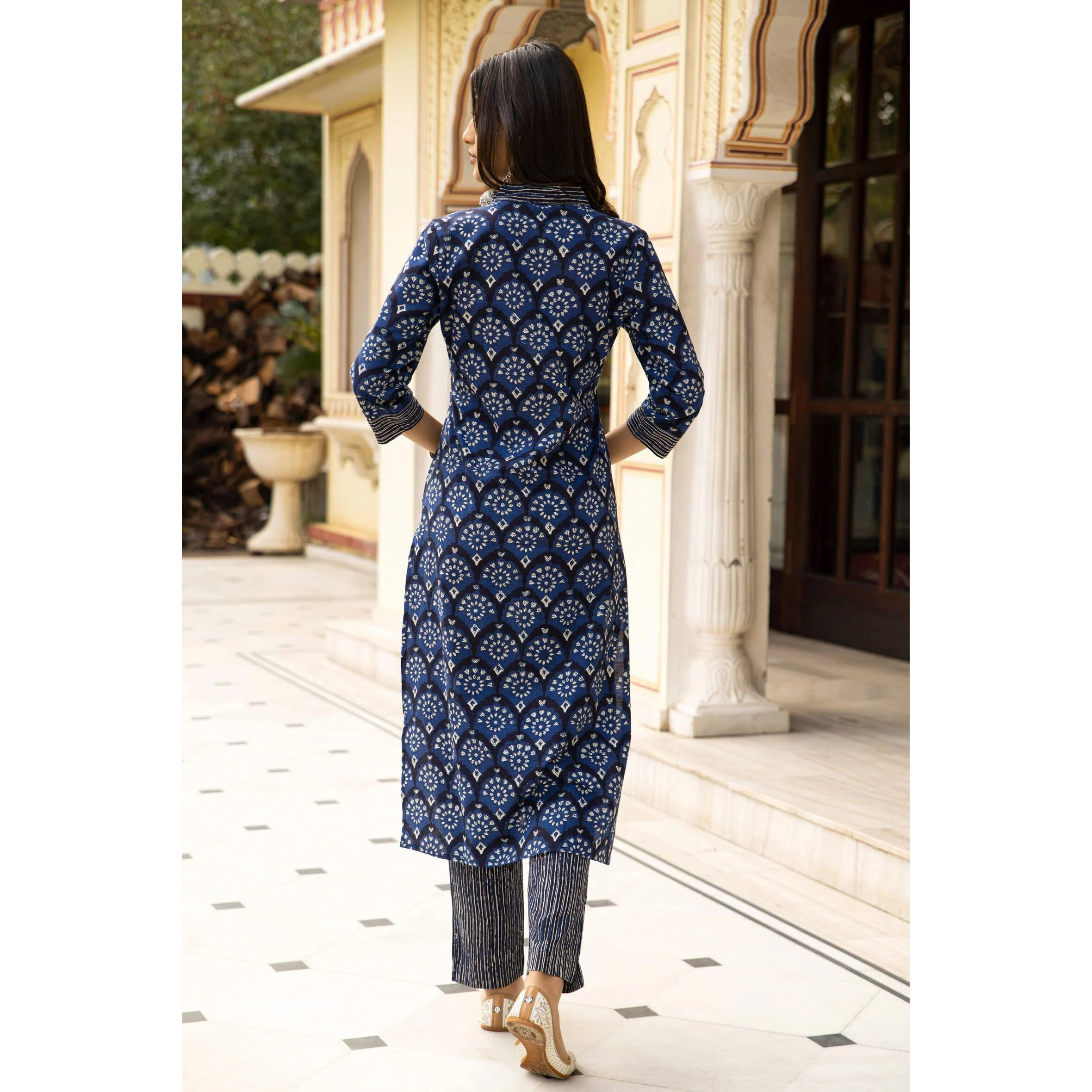 Gosriki Women's Cotton Blend Straight Printed Kurta With Pant & Dupatta (Obito Navy Blue-Gs_S_Navy Blue_Small)