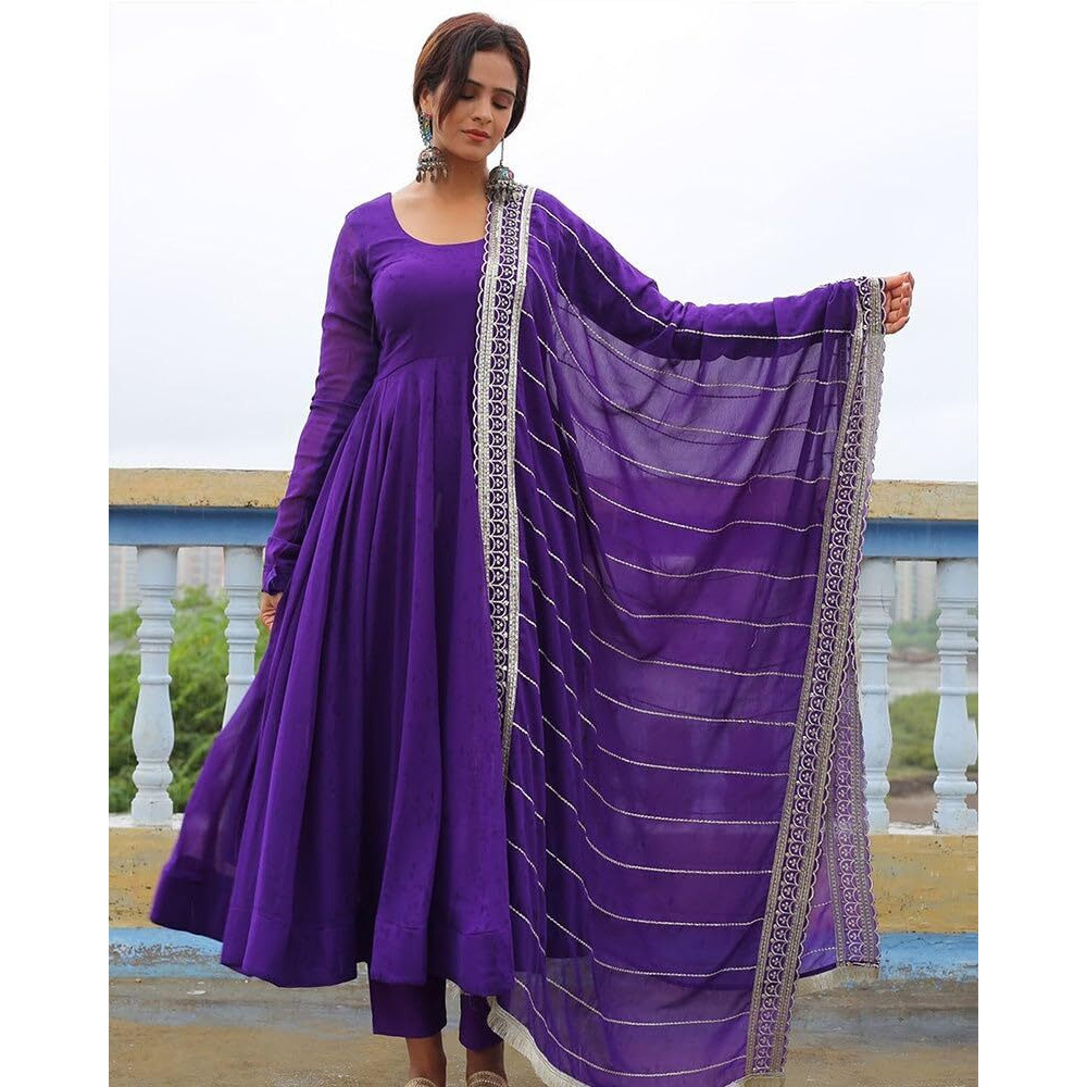 Gosriki Women's Rayon Blend Solid Anarkali Kurta With Pant & Dupatta (Pancham Begani-Gs_S_Begani_Small)