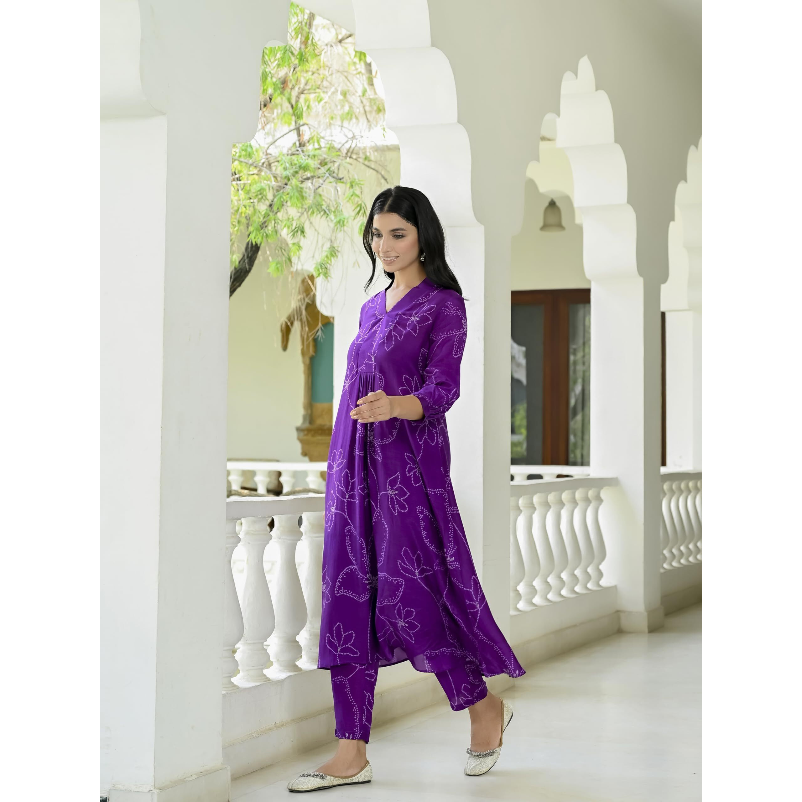 Gosriki Women's Rayon Blend Anarkali Printed Kurta With Pant (Marup Begani-Vks04-Gs_M_Begani_Medium)