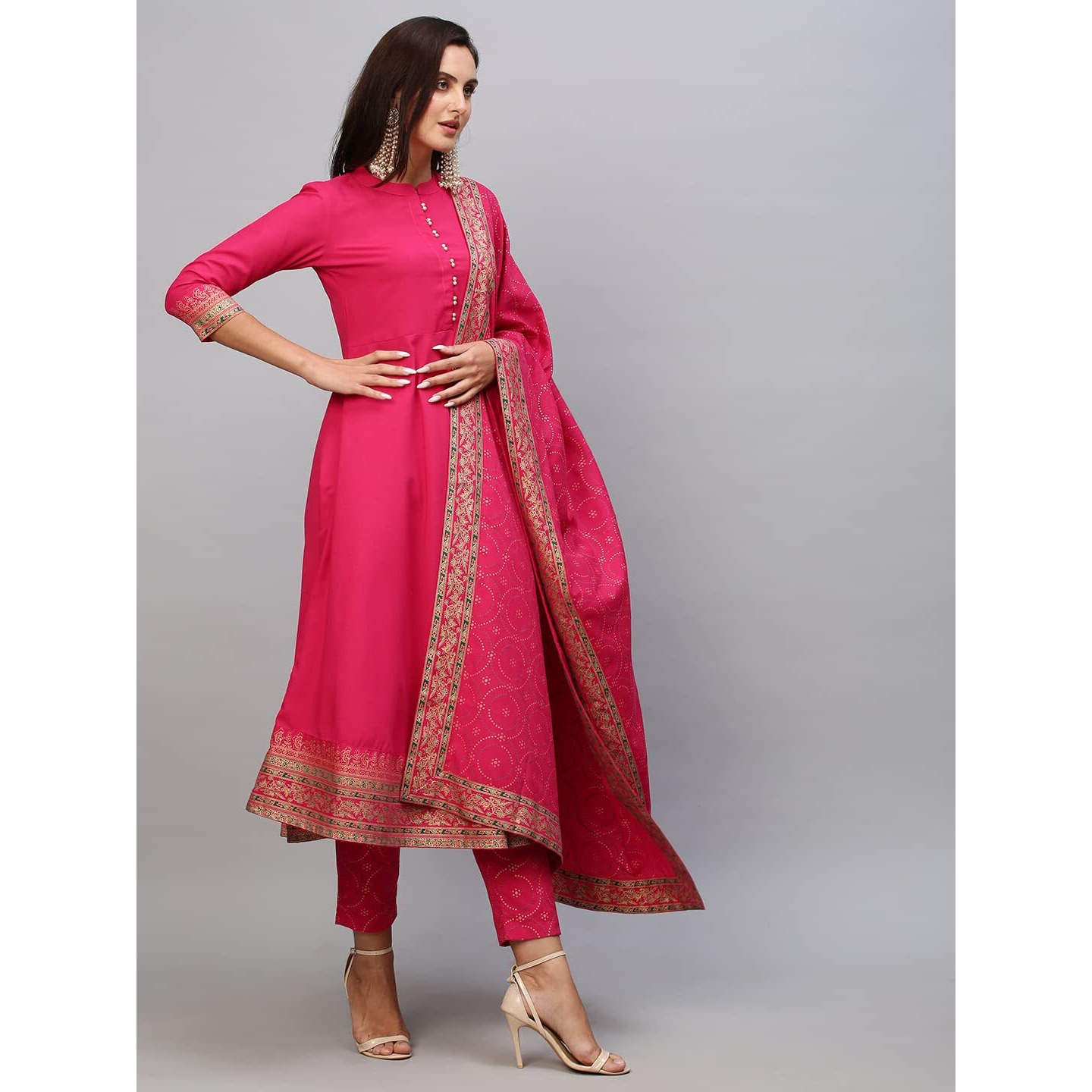 Gosriki Women's Cotton Blend Solid Anarkali Kurta With Pant & Dupatta (Panchali-Rani-Gs_S_Pink_Small)