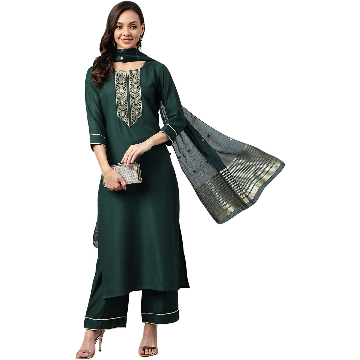 Gosriki Women's Cotton Blend Straight Solid Kurta With Palazzo & Dupatta (Vtm Green_S-Go_Green_Small)