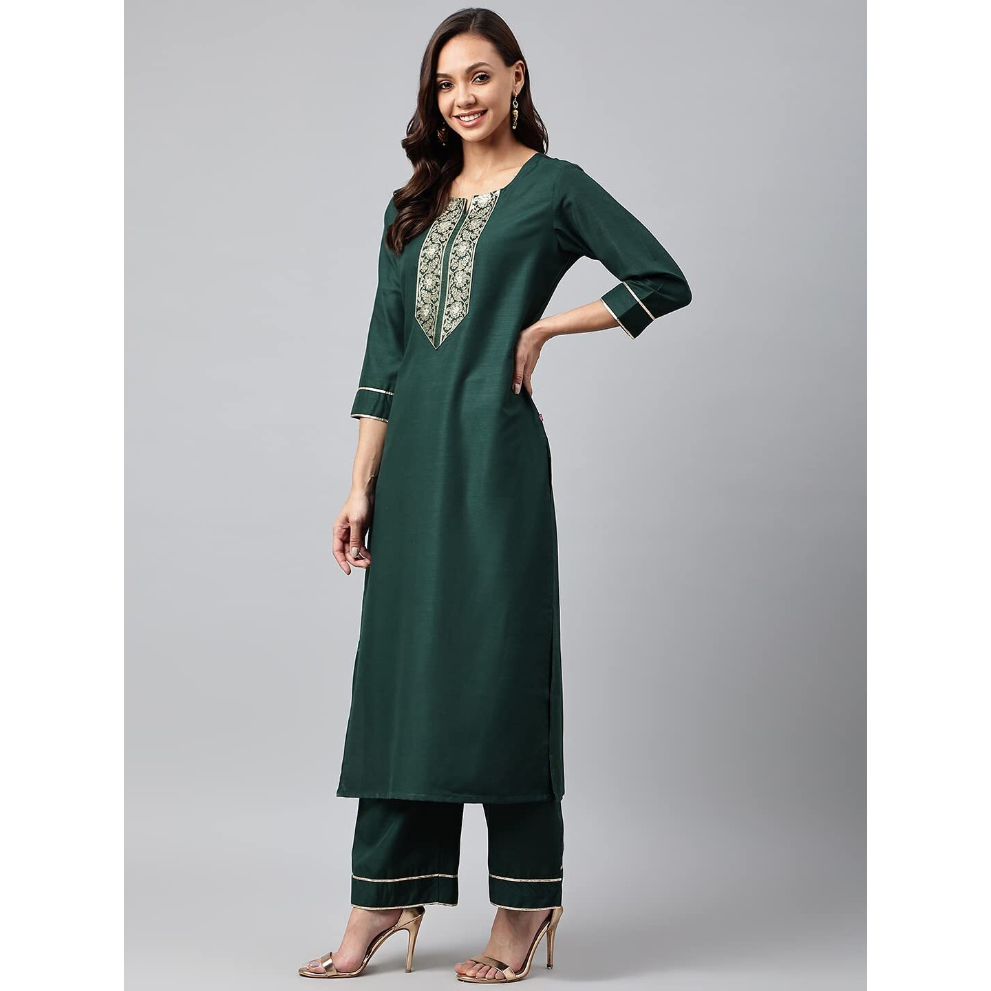 Gosriki Women's Cotton Blend Straight Solid Kurta With Palazzo & Dupatta (Vtm Green_S-Go_Green_Small)