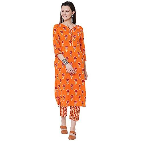 Gosriki Women's Cotton Straight Kurta With Palazzo (Gshk132_Xxl_Orange_Xx-Large)