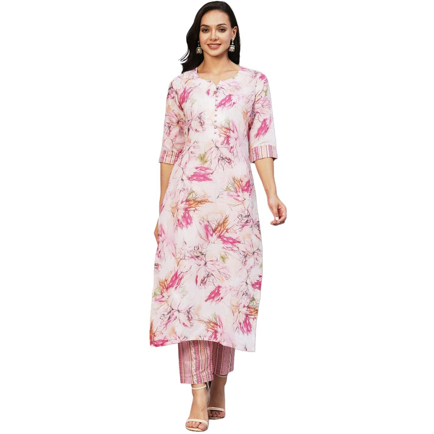 Gosriki Women's Cotton Blend Printed Straight Kurta With Pant (Ps-Pink-Gs_L_Pink_Large)