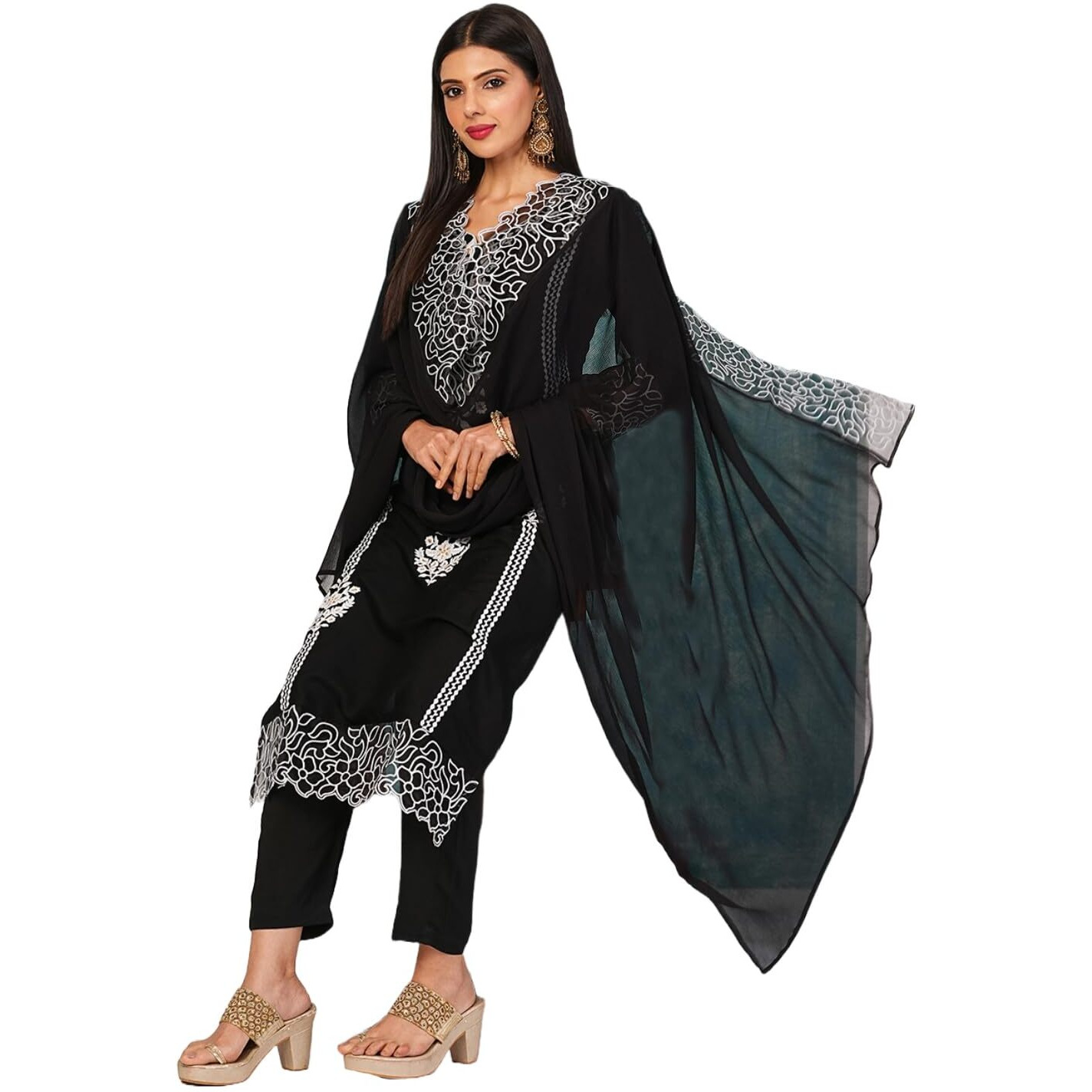 Gosriki Women's Rayon Blend Straight Embroidered Kurta With Pant & Dupatta (Trp Black-Nb-Gs_S_Black_Small)