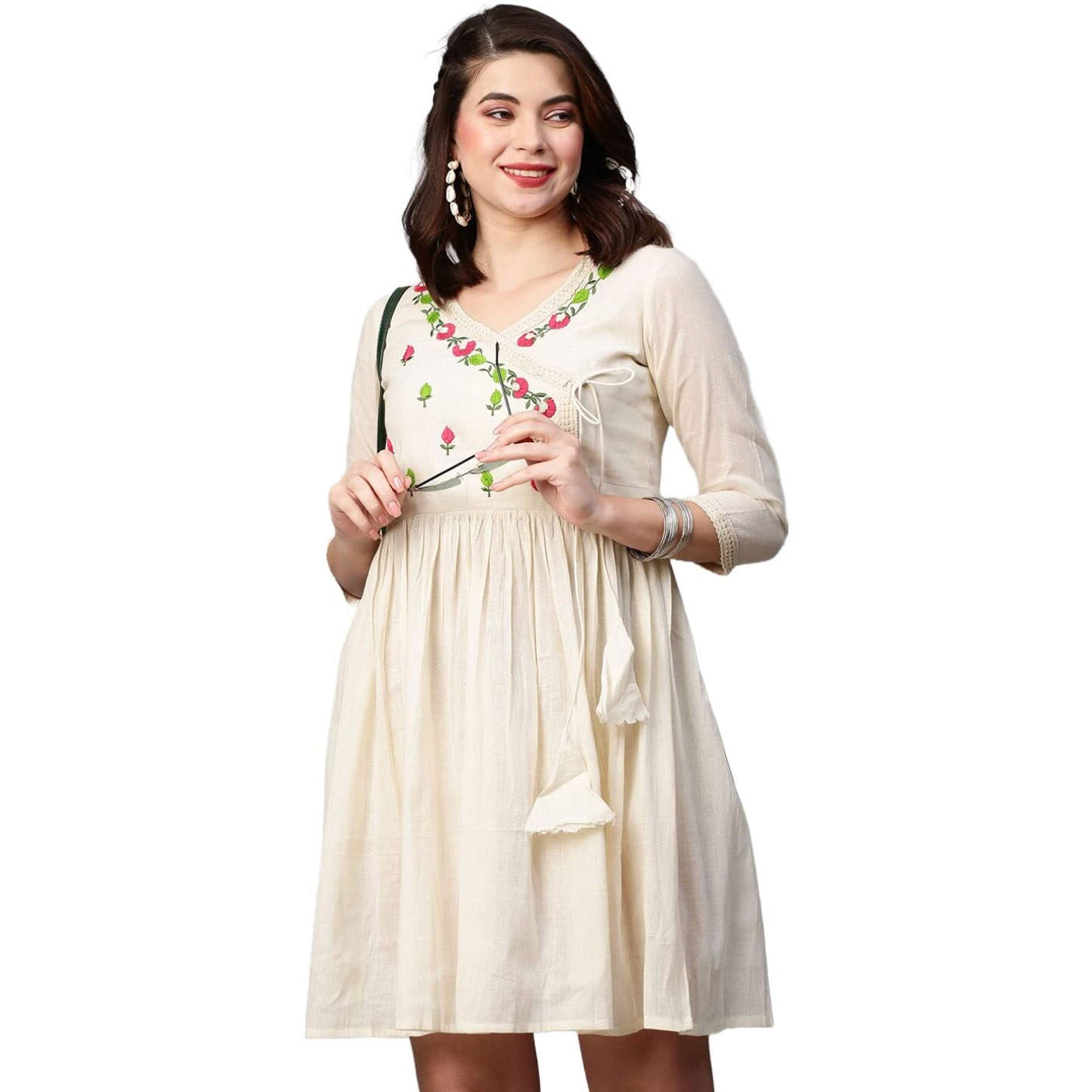 Gosriki Women's Pure Cotton Flounce Sleeve Embroidery Ruffle Smock Dress (Jack-Dress-Cream_M-Gs_Cream_Medium)