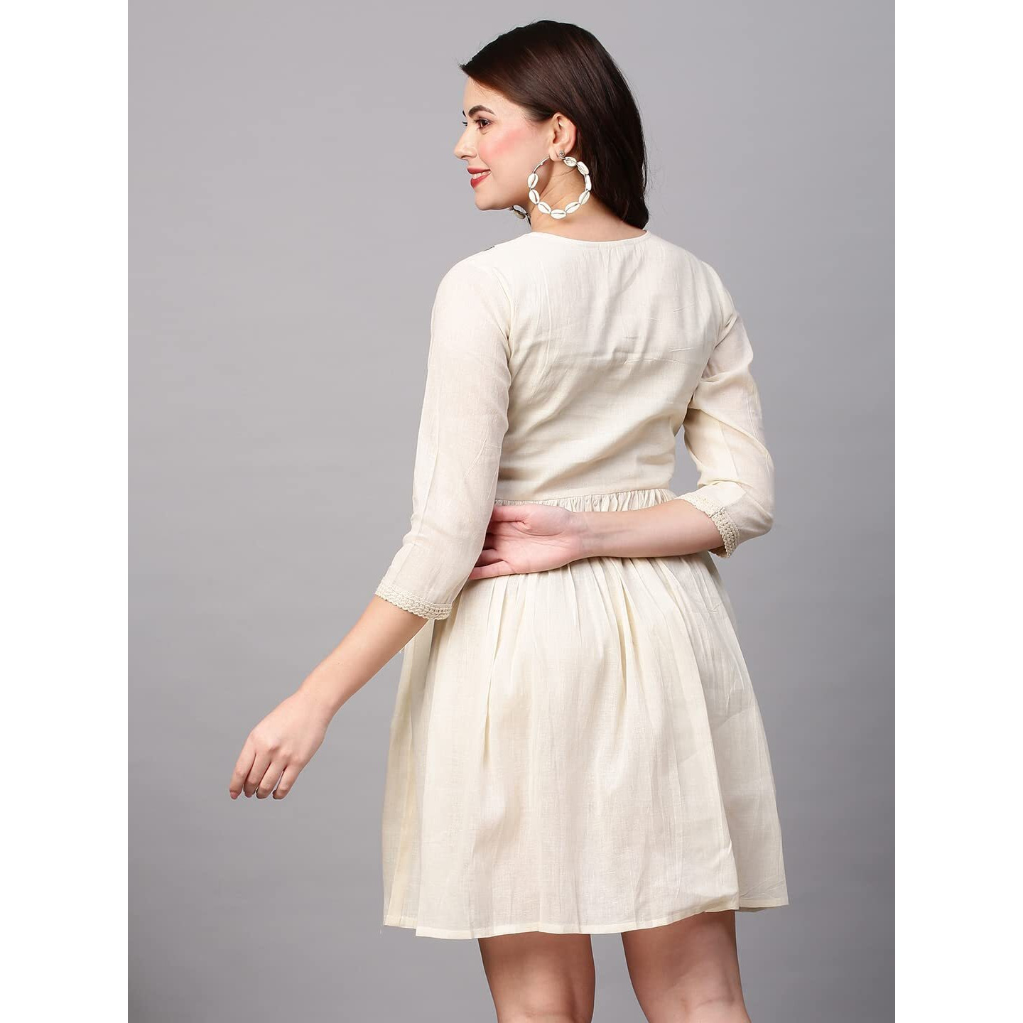 Gosriki Women's Pure Cotton Flounce Sleeve Embroidery Ruffle Smock Dress (Jack-Dress-Cream_M-Gs_Cream_Medium)