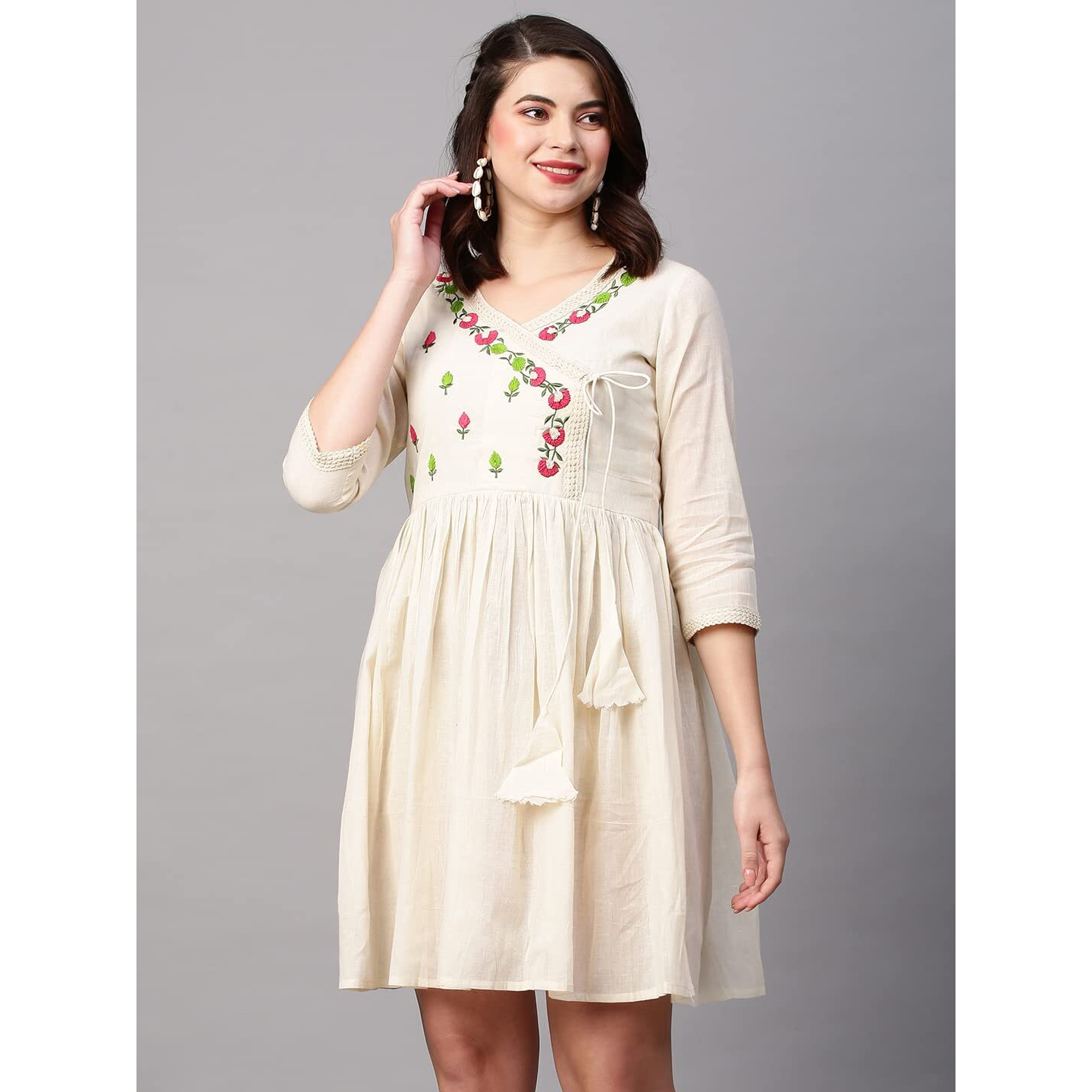 Gosriki Women's Pure Cotton Flounce Sleeve Embroidery Ruffle Smock Dress (Jack-Dress-Cream_M-Gs_Cream_Medium)