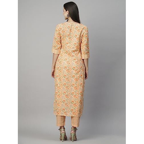 Gosriki Women's Cotton Blend Printed Straight Kurta With Pant (Alohi Orange-N2W-Gs_S_Orange_Small)