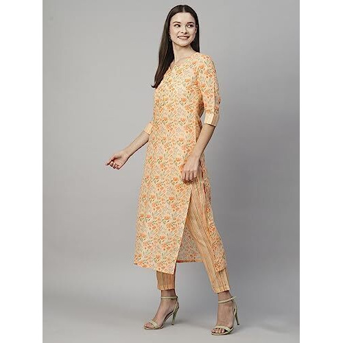 Gosriki Women's Cotton Blend Printed Straight Kurta With Pant (Alohi Orange-N2W-Gs_S_Orange_Small)