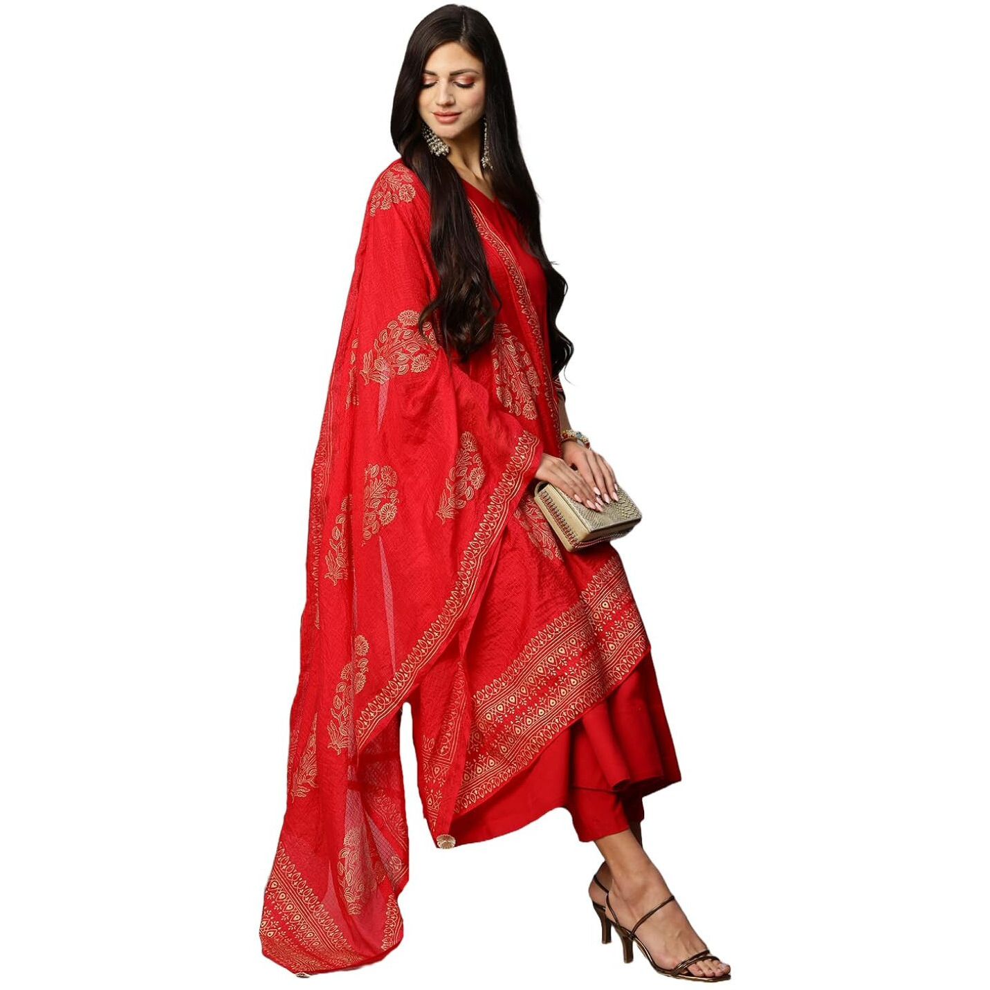 Gosriki Women's Cotton Blend Solid Anarkali Kurta With Pant & Dupatta (Magic-Red-Nw-Gs_Xl_Red_X-Large)
