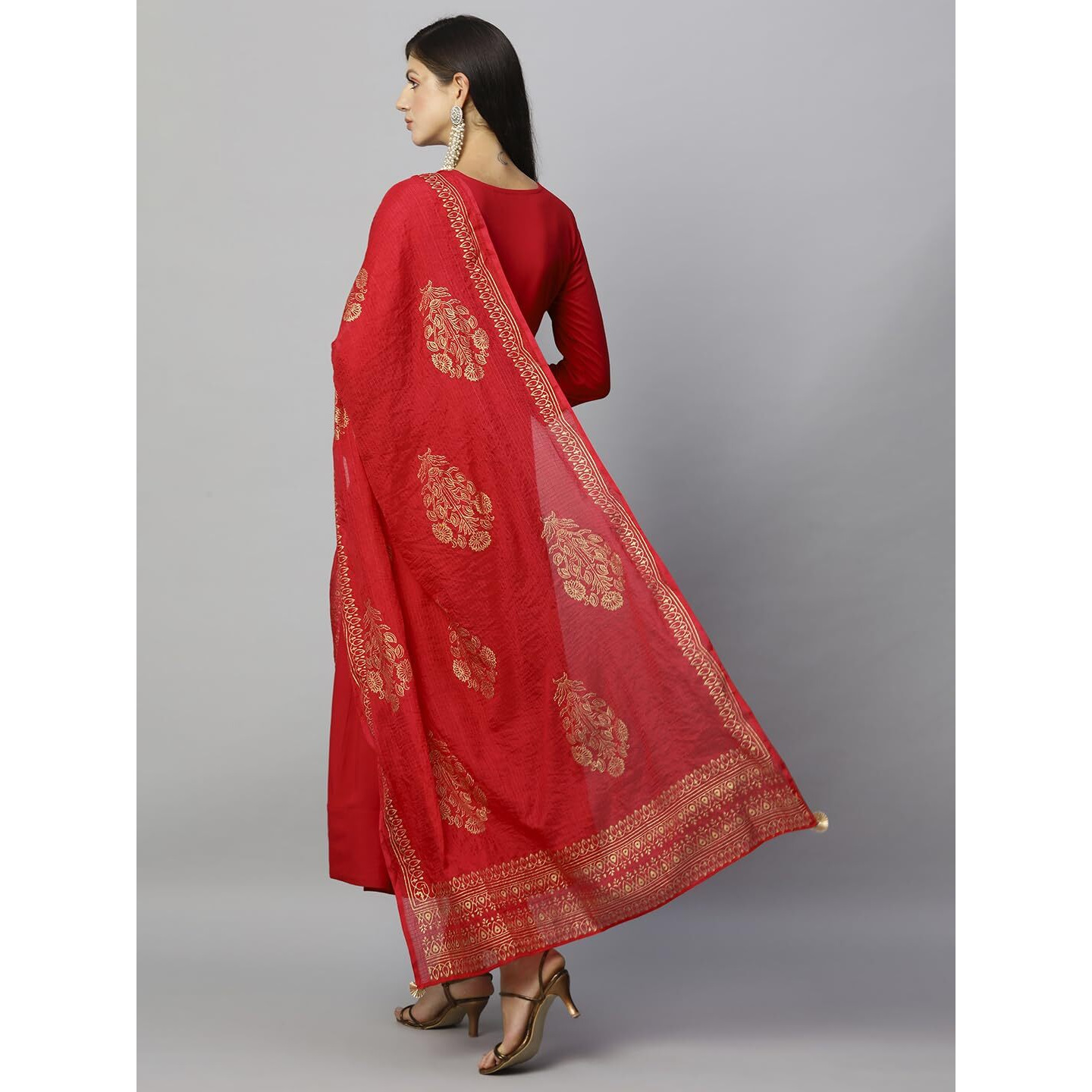 Gosriki Women's Cotton Blend Solid Anarkali Kurta With Pant & Dupatta (Magic-Red-Nw-Gs_Xl_Red_X-Large)
