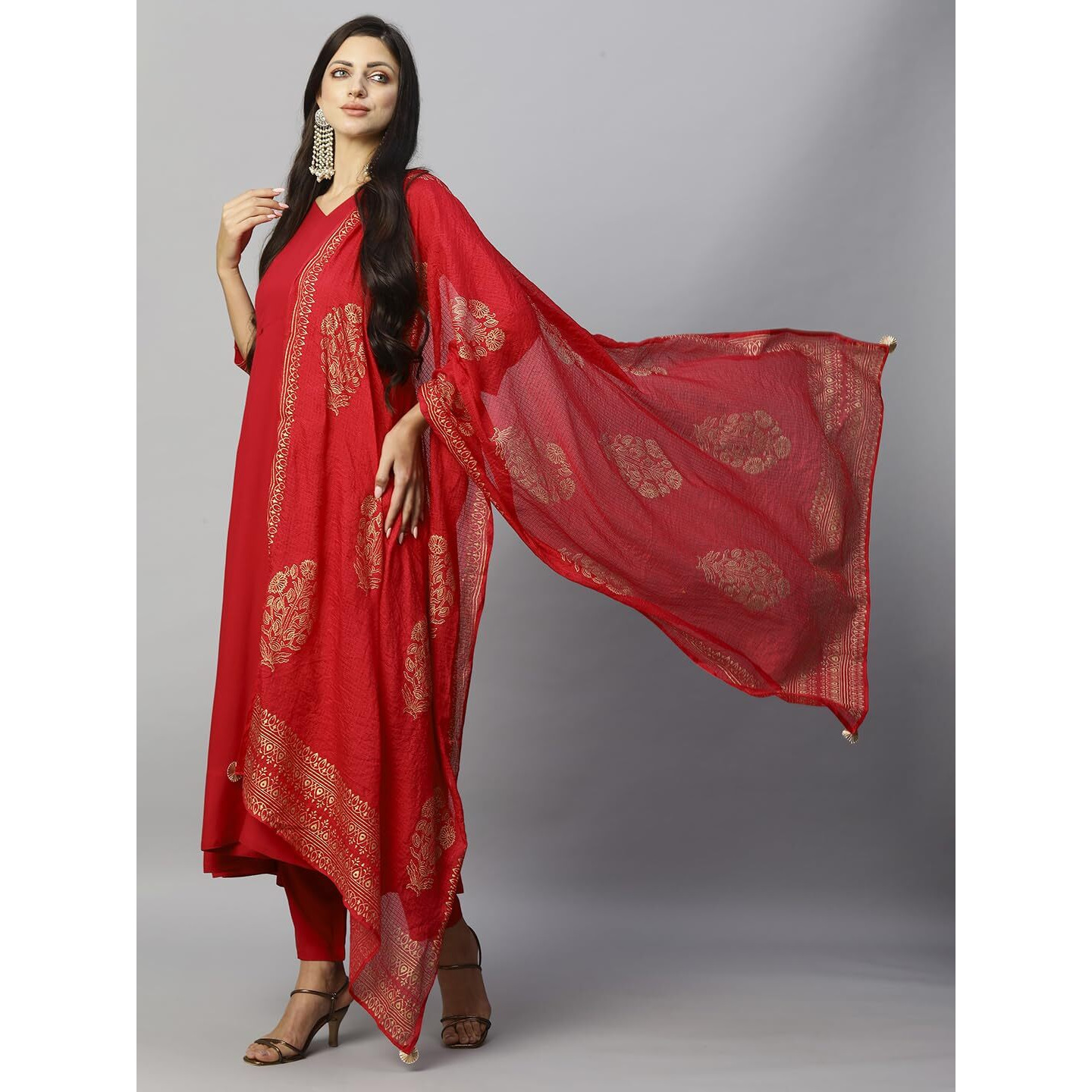 Gosriki Women's Cotton Blend Solid Anarkali Kurta With Pant & Dupatta (Magic-Red-Nw-Gs_Xl_Red_X-Large)