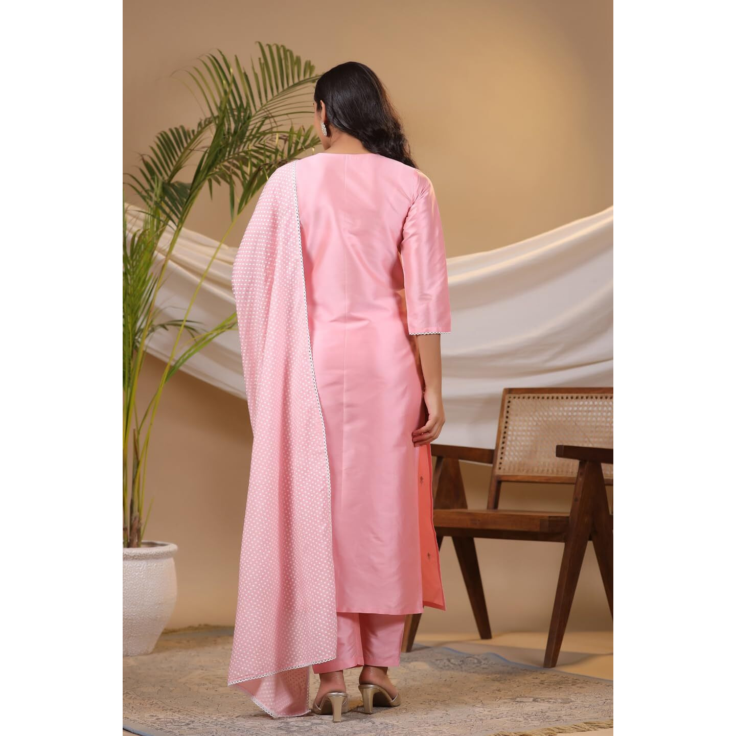 Gosriki Women's Cotton Blend Straight Embroidered Kurta With Pant & Dupatta (Yearend Pink-Nw-Gs_L_Pink_Large)