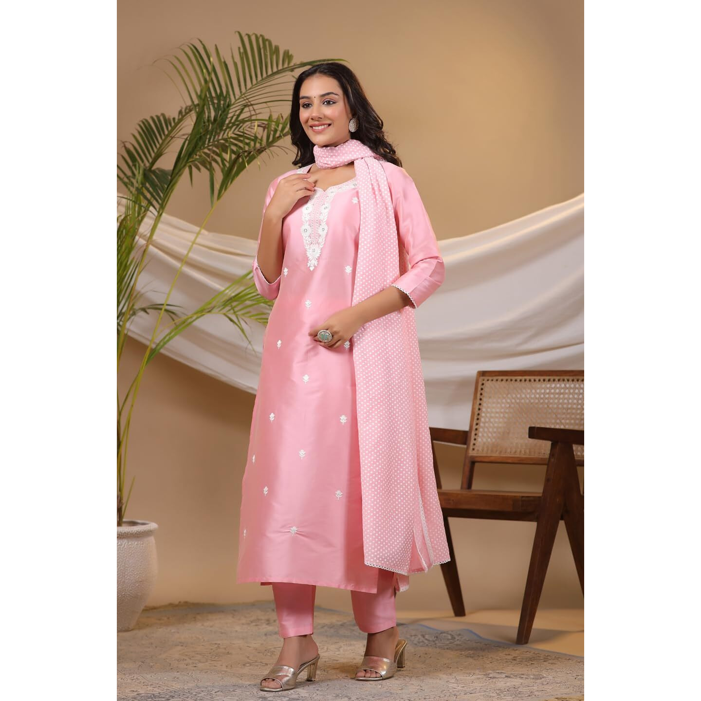 Gosriki Women's Cotton Blend Straight Embroidered Kurta With Pant & Dupatta (Yearend Pink-Nw-Gs_L_Pink_Large)