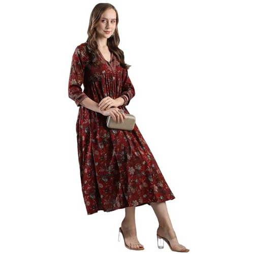 Gosriki Women's Rayon Blend Anarkali Printed Kurta With Pant (Gunba Maroon-Gs_Xxl_Maroon_Xx-Large)