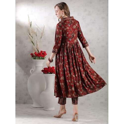 Gosriki Women's Rayon Blend Anarkali Printed Kurta With Pant (Gunba Maroon-Gs_Xxl_Maroon_Xx-Large)