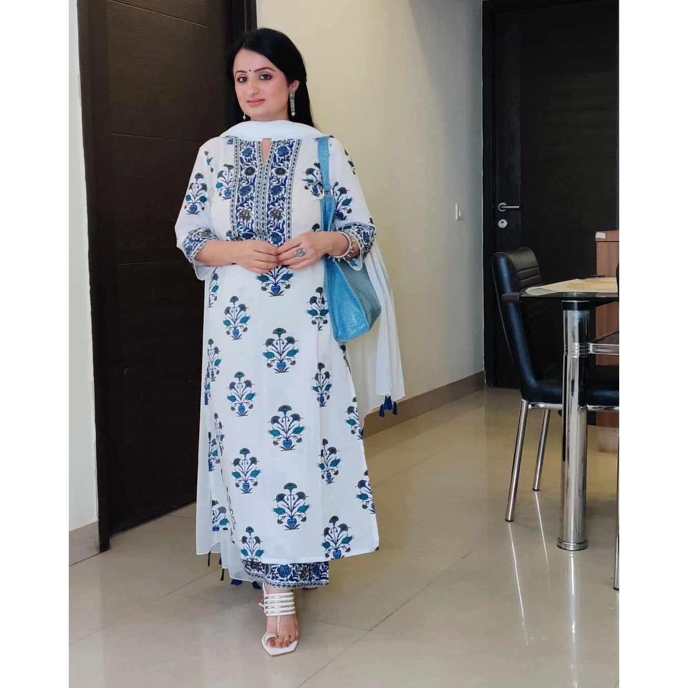Gosriki Women's Cotton Straight Kurta With Palazzo & Dupatta (Liba-Guldasta_Blue_M-Go1_Blue_Medium)