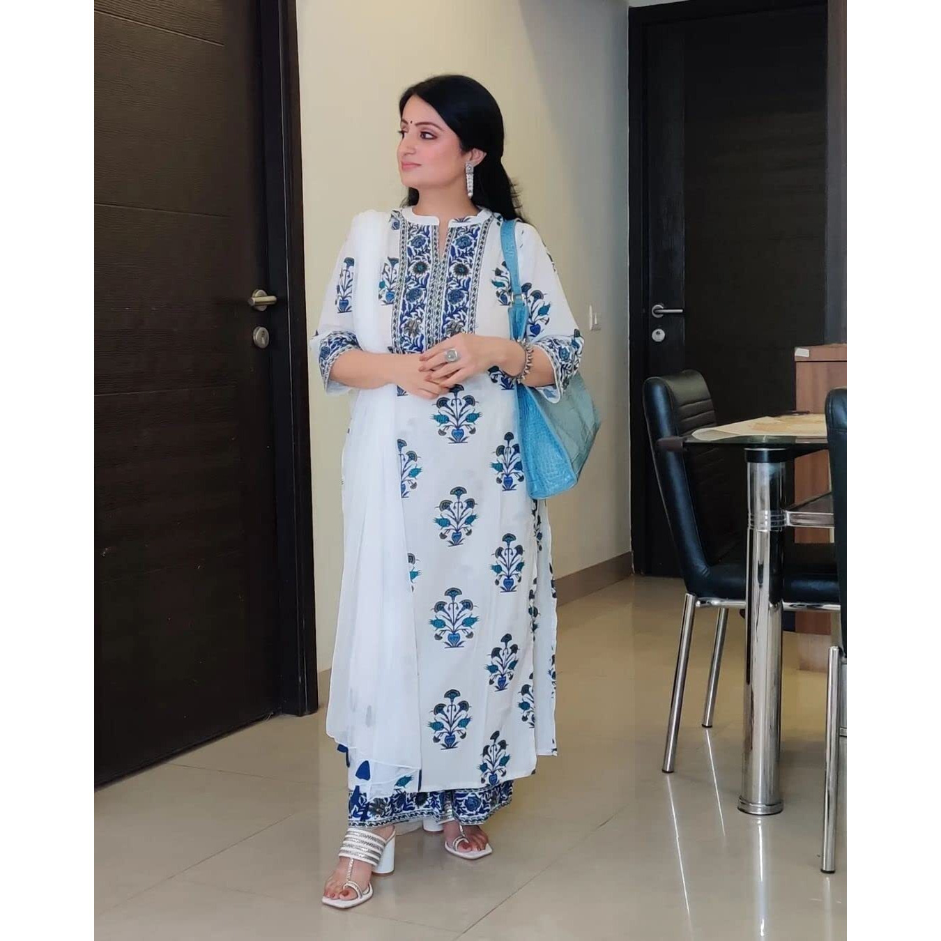 Gosriki Women's Cotton Straight Kurta With Palazzo & Dupatta (Liba-Guldasta_Blue_M-Go1_Blue_Medium)