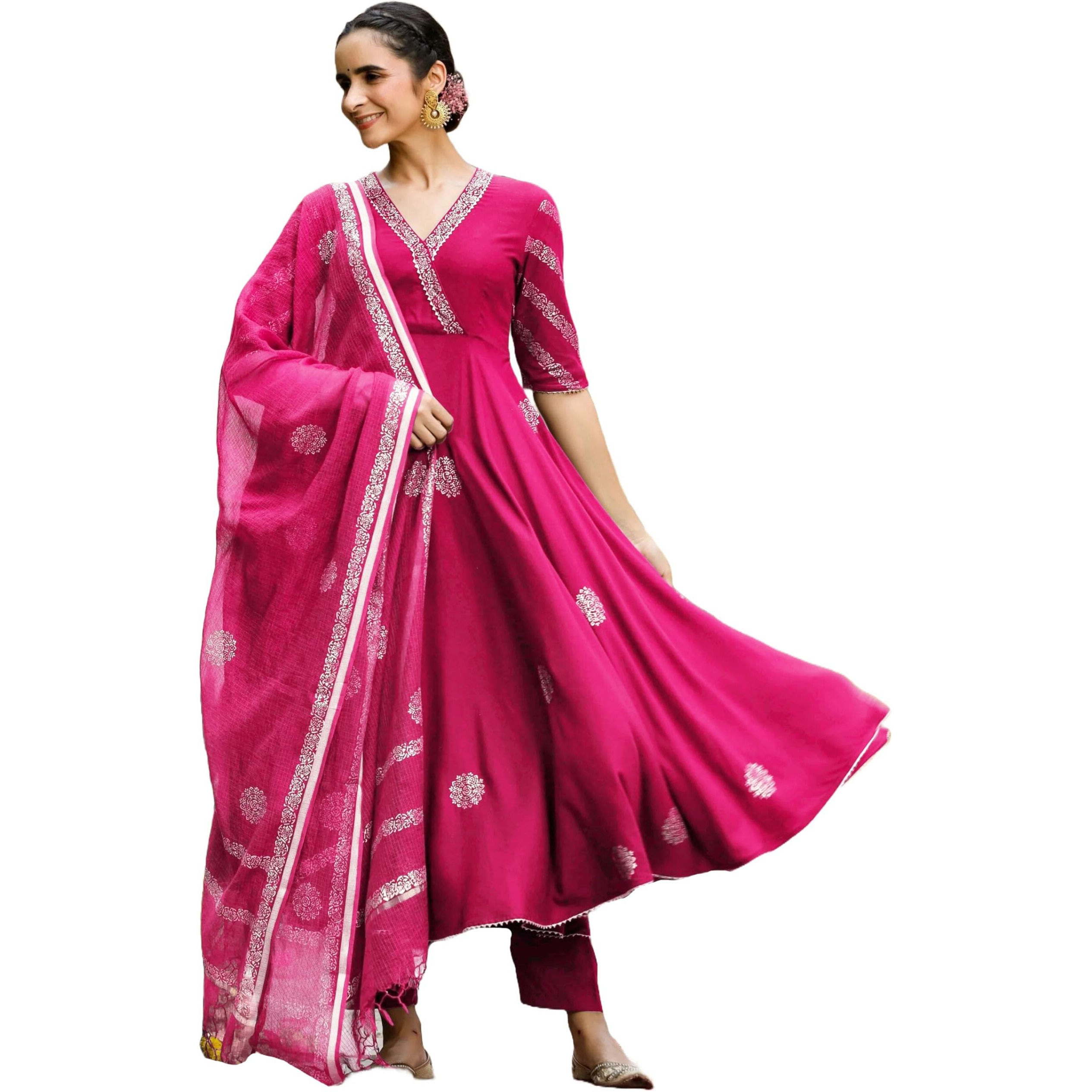 Gosriki Women's Rayon Blend Anarkali Printed Kurta With Pant & Dupatta (Berlin Pink-Vks01-Gs_L_Pink_Large)