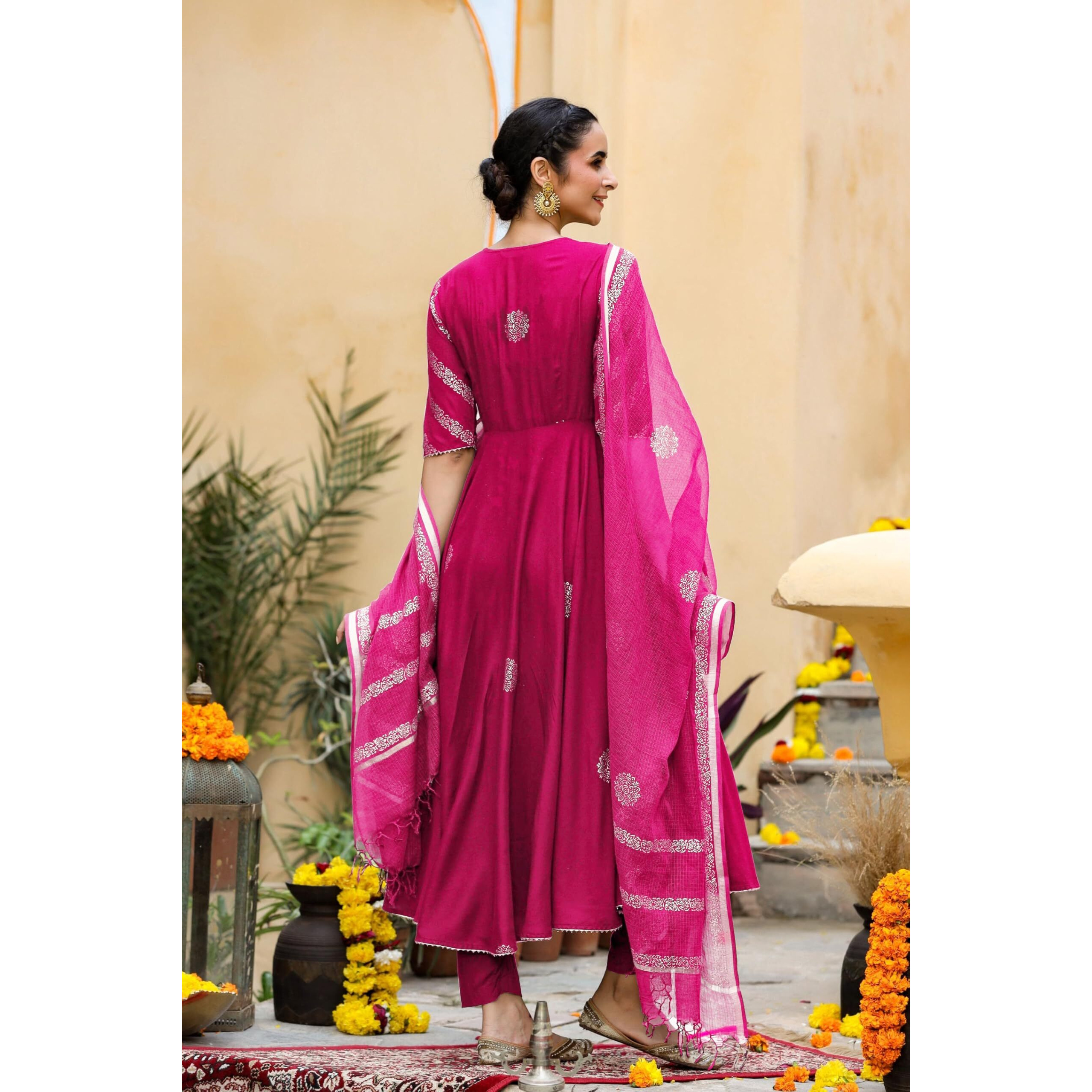 Gosriki Women's Rayon Blend Anarkali Printed Kurta With Pant & Dupatta (Berlin Pink-Vks01-Gs_L_Pink_Large)