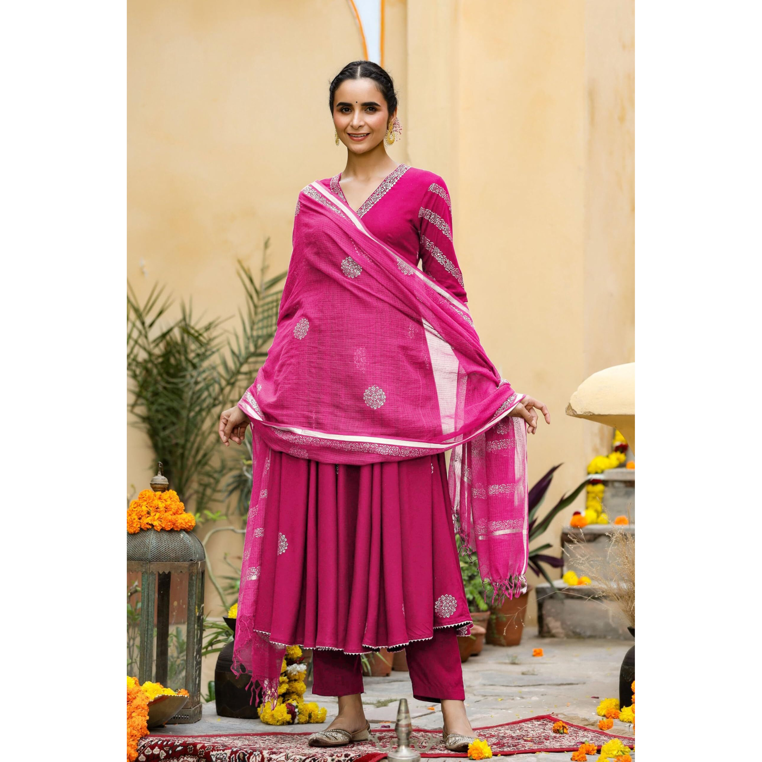 Gosriki Women's Rayon Blend Anarkali Printed Kurta With Pant & Dupatta (Berlin Pink-Vks01-Gs_L_Pink_Large)