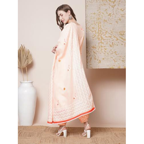 Gosriki Women's Rayon Blend Straight Hand Block Printed Kurta With Pant & Dupatta (Ragsri Peach-Vks03-Gs_M_Peach_Medium)