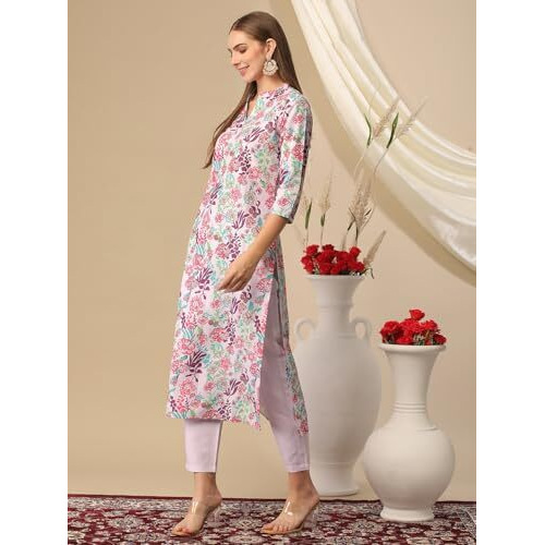 Gosriki Women's Cotton Blend Straight Printed Kurta With Pant (Aria Multi-Gs_Xxl_Multi_Xx-Large) Multicolour