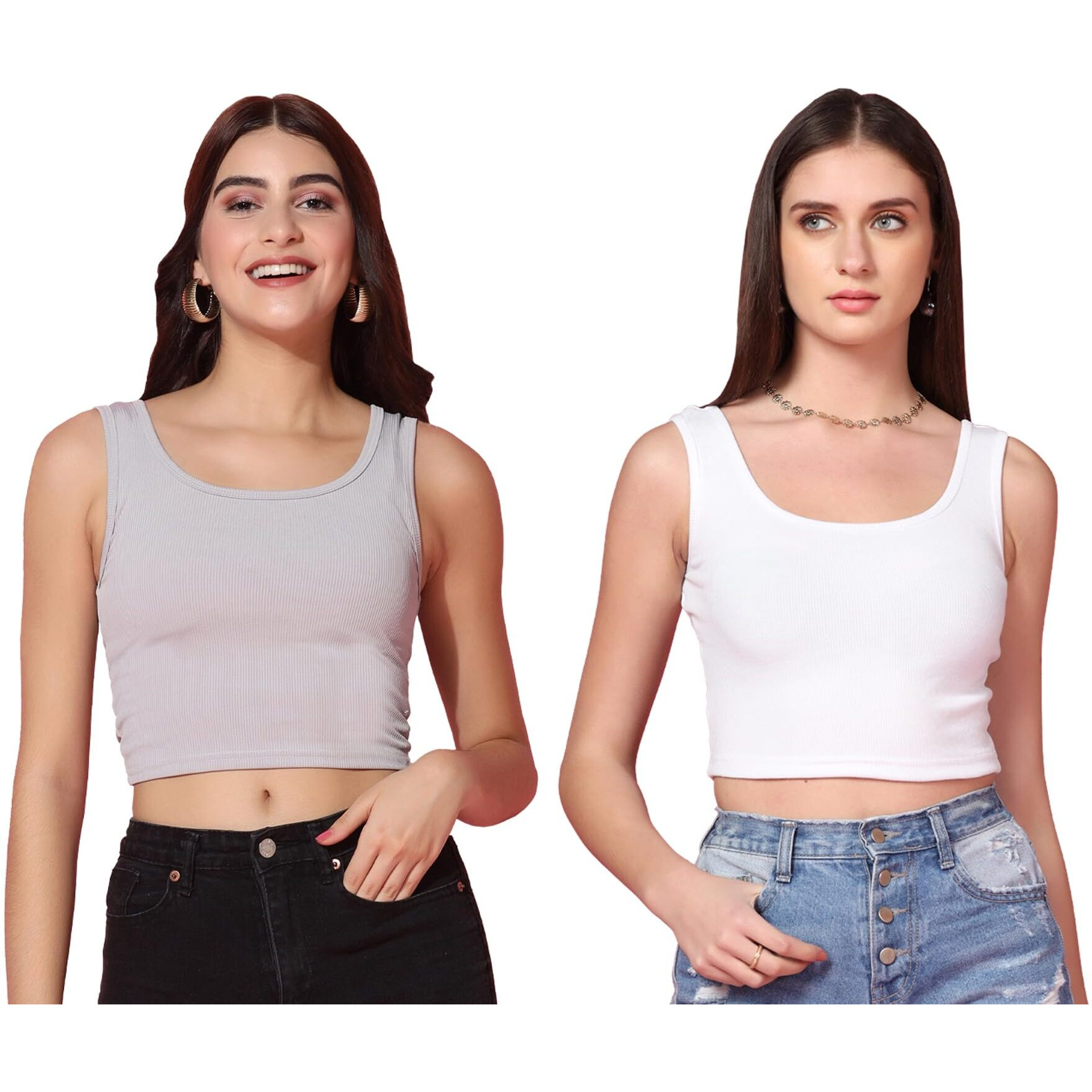 Toplot Women's Combo Solid Ribbed Scoop Neck Sleeveless Slim Fit Tank Top Pack Of 2 (Combo-5069-Gry-Wht-L)