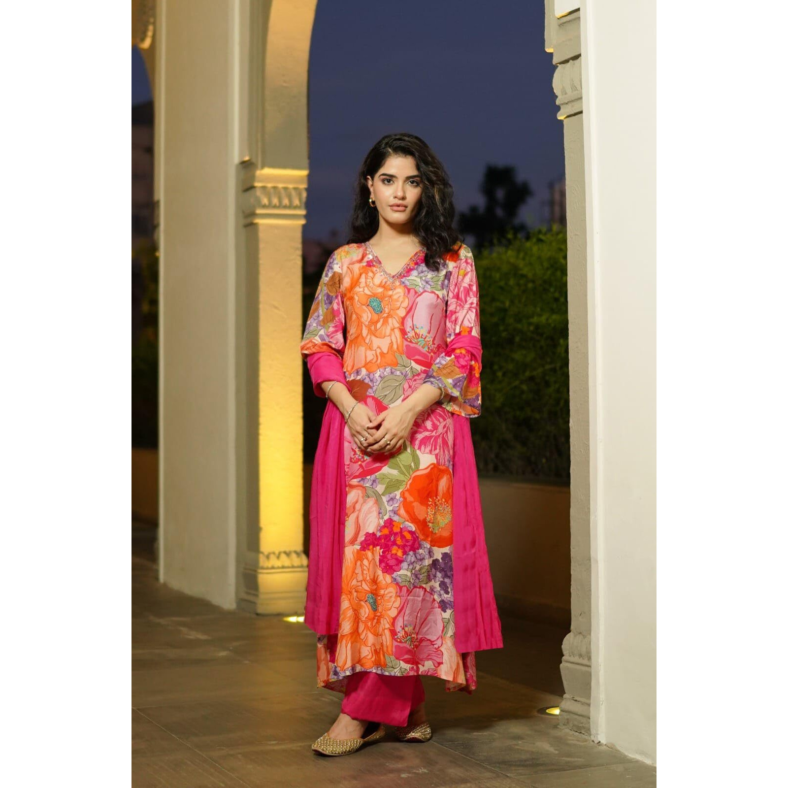 Gosriki Women's Cotton Blend Straight Printed Kurta With Pant & Dupatta (Vilasa Pink-Gs_Xxl_Pink_Xx-Large)