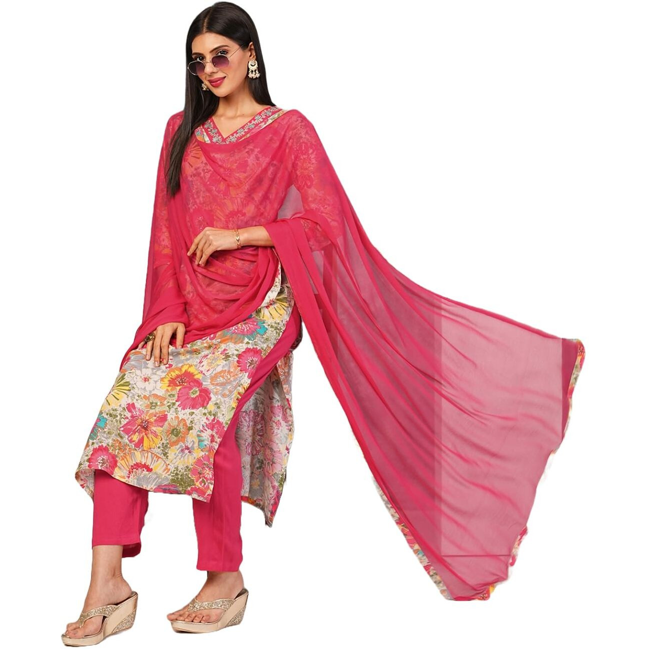 Gosriki Women's Cotton Blend Printed Straight Kurta With Pant & Dupatta (Ruth Pink-Nw-Gs_M_Pink_Medium)