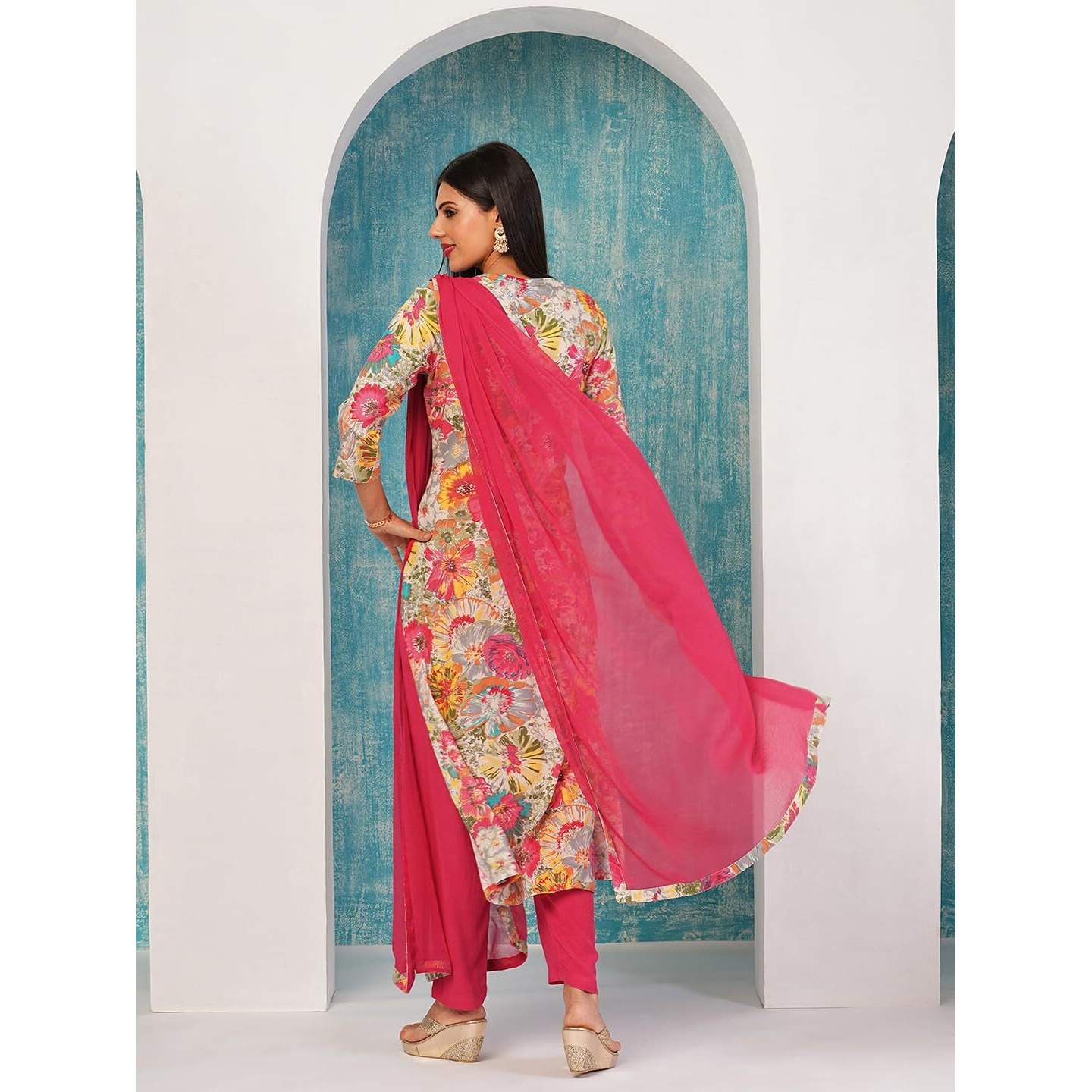 Gosriki Women's Cotton Blend Printed Straight Kurta With Pant & Dupatta (Ruth Pink-Nw-Gs_M_Pink_Medium)