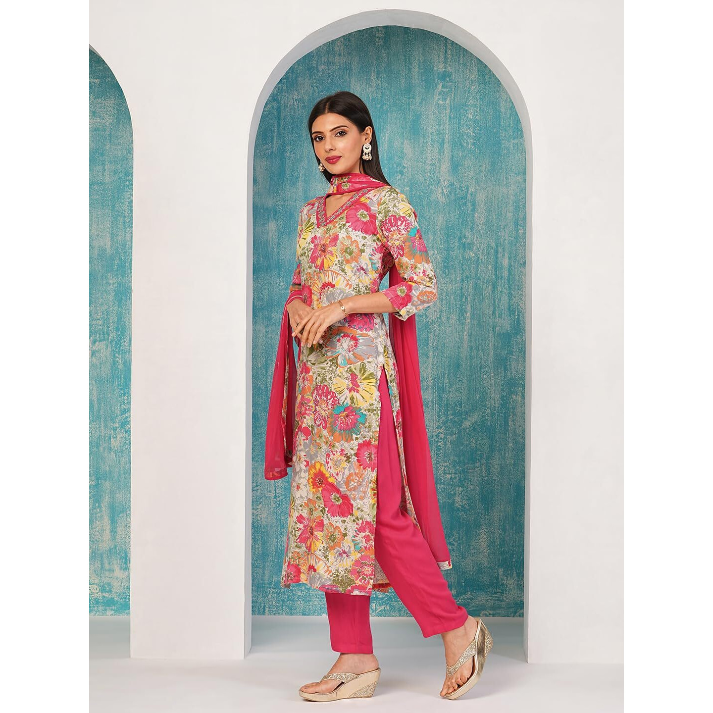 Gosriki Women's Cotton Blend Printed Straight Kurta With Pant & Dupatta (Ruth Pink-Nw-Gs_M_Pink_Medium)