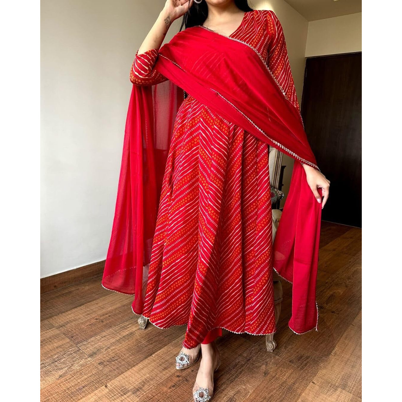 Gosriki Women's Rayon Blend Anarkali Printed Kurta With Pant & Dupatta (Migesha Red-Gs_Xl_Red_X-Large)