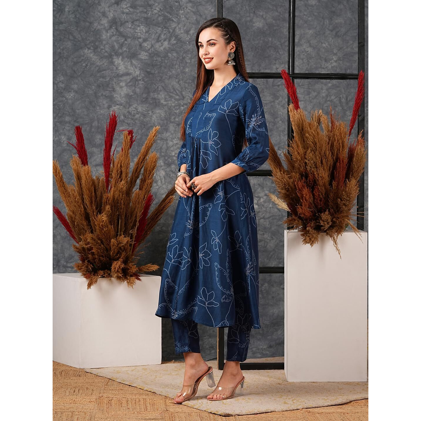 Gosriki Women's Cotton Blend Anarkali Printed Kurta With Pant (Marup Blue-Nw-Gs_Xxl_Blue_Xx-Large)